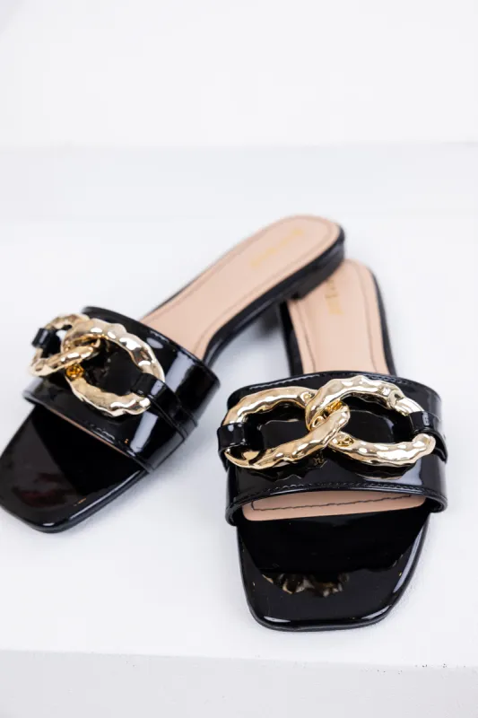 Black Patent Leather Link Chain Flat Sandals sold by Lime Lush