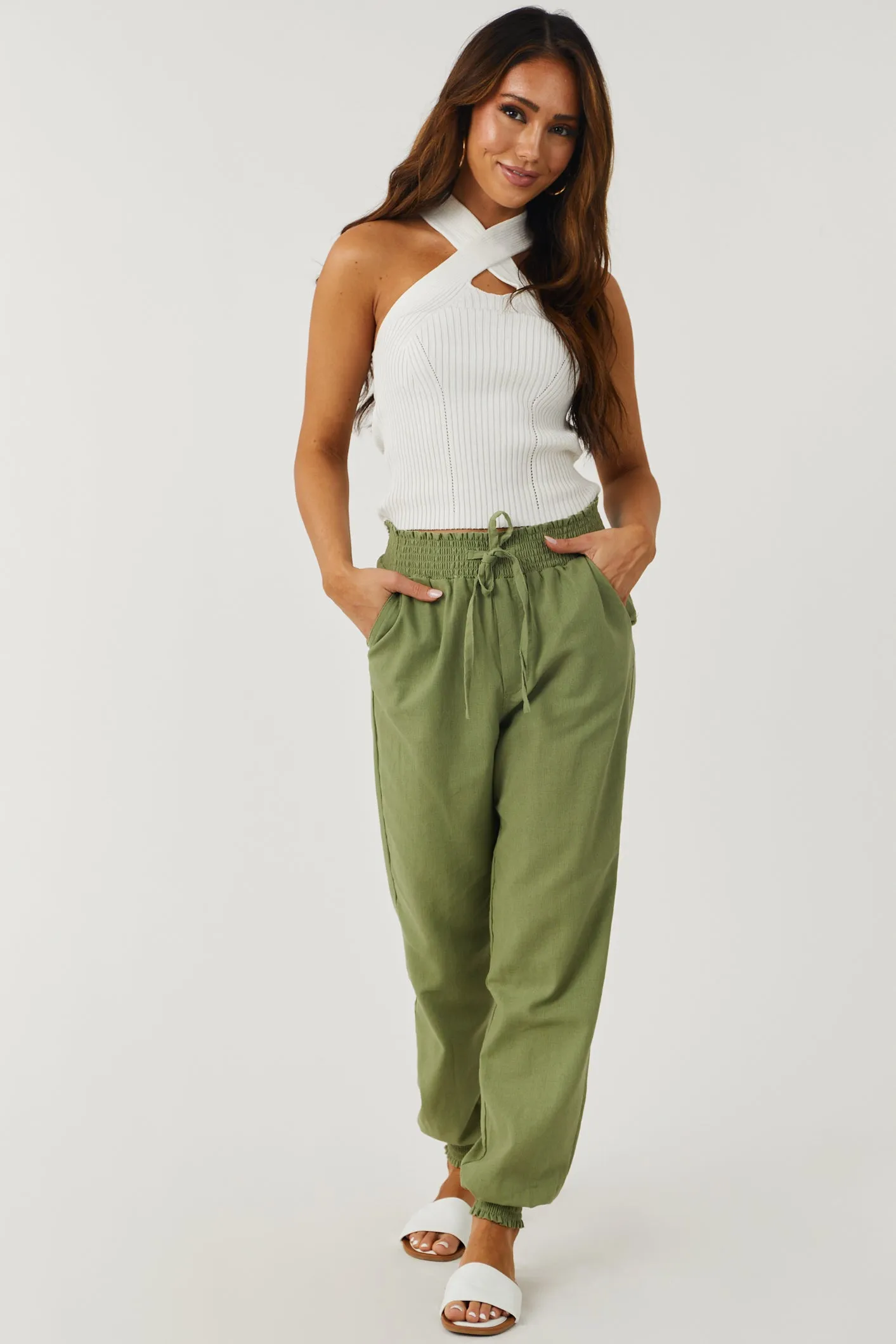 Pistachio Lightweight Smocked Waist Linen Joggers sold by Lime Lush product image thumbnail 4