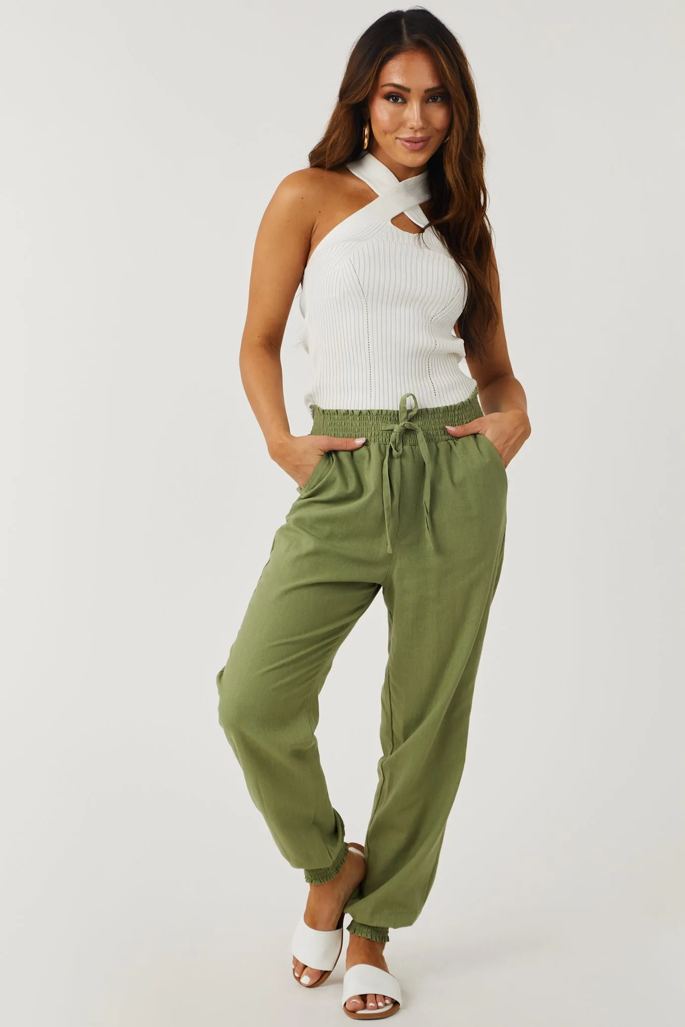 Pistachio Lightweight Smocked Waist Linen Joggers sold by Lime Lush