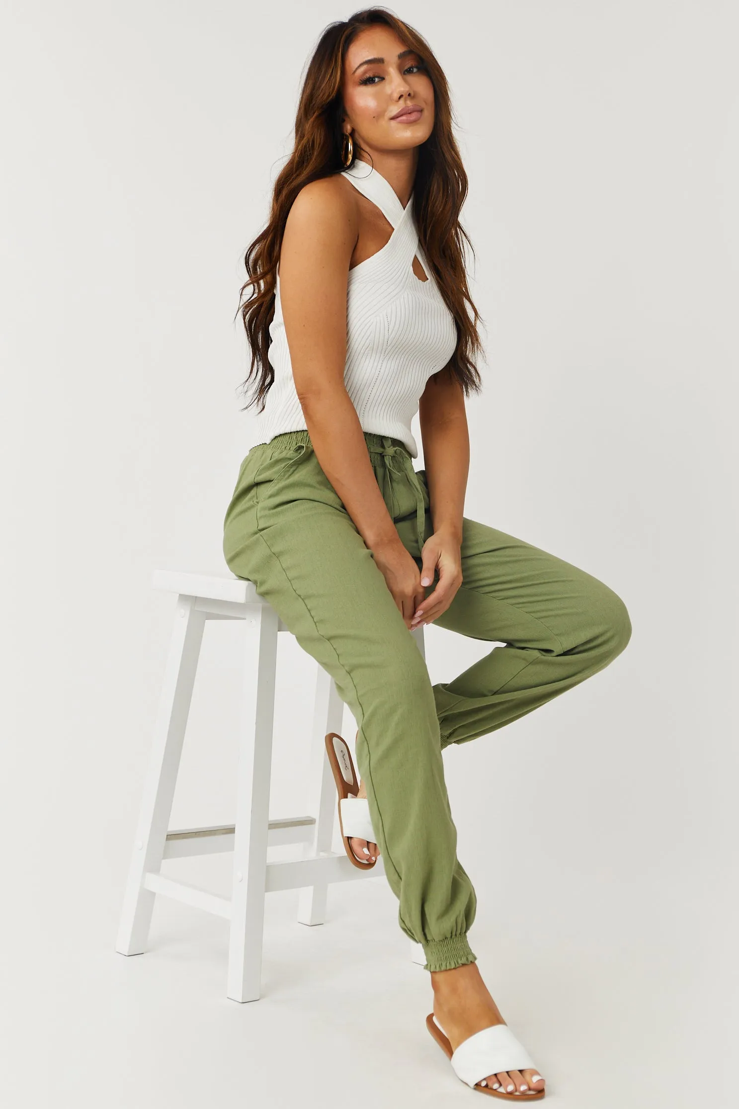 Pistachio Lightweight Smocked Waist Linen Joggers sold by Lime Lush product image thumbnail 5