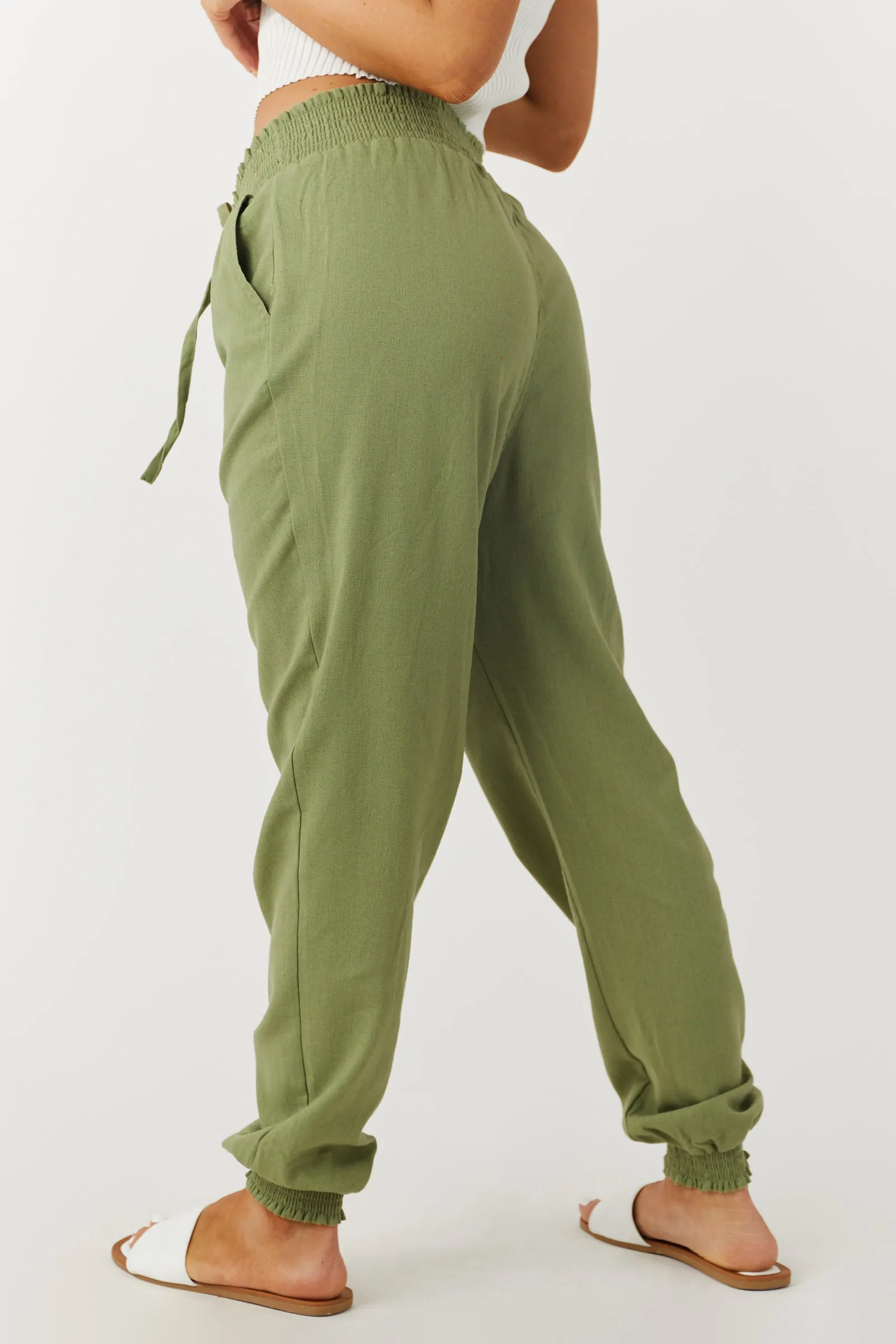 Pistachio Lightweight Smocked Waist Linen Joggers sold by Lime Lush product image thumbnail 3