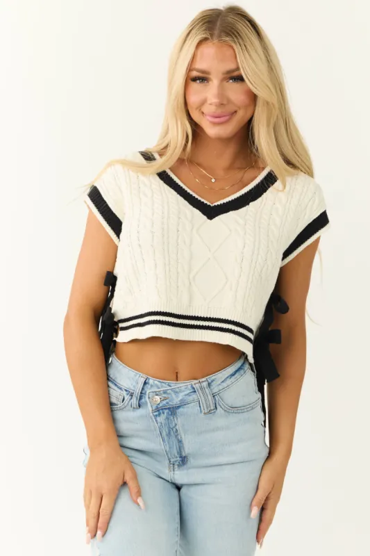 Cream and Black V Neck Side Tie Sweater Vest sold by Lime Lush