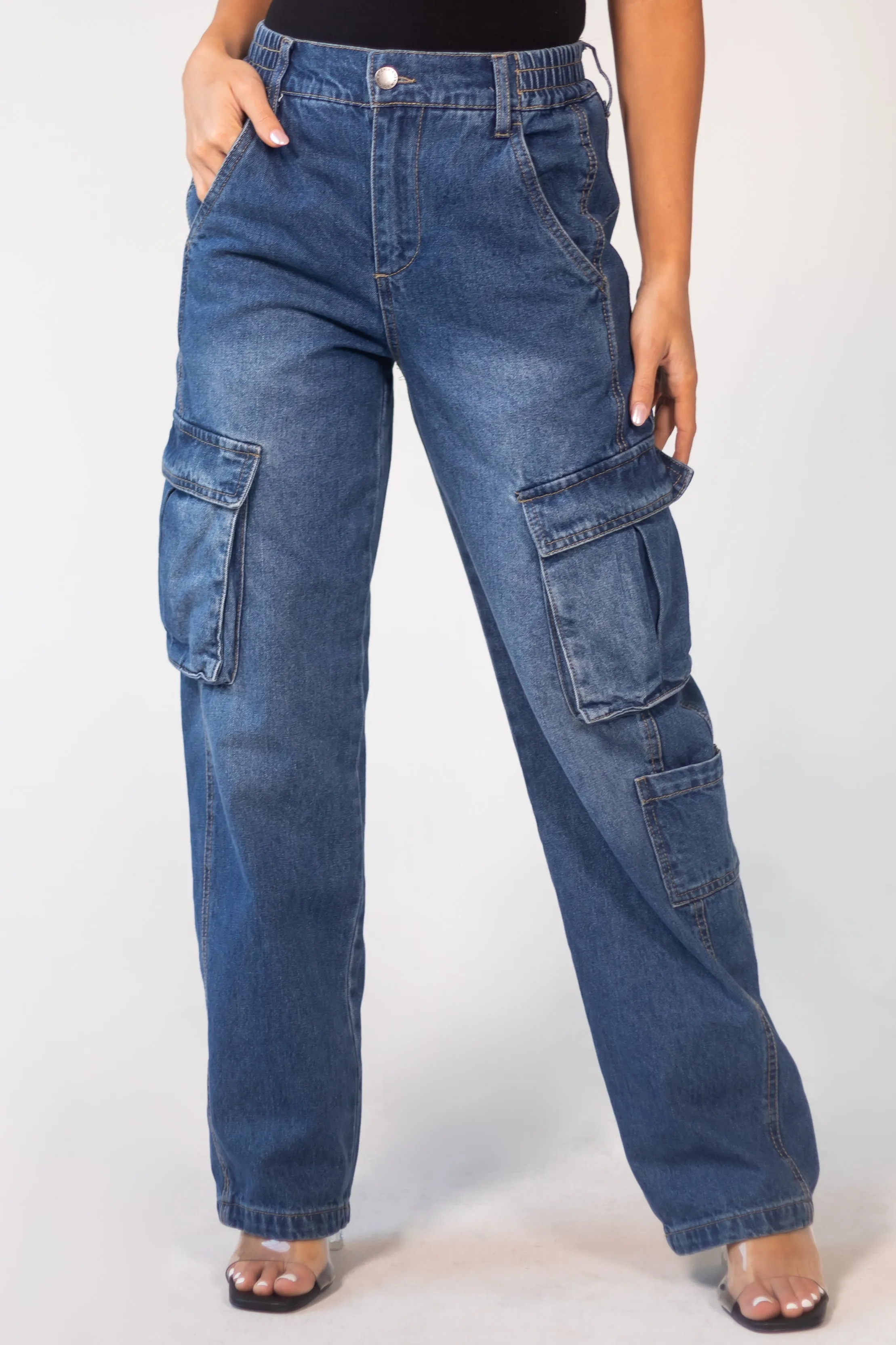 Timing Dark Wash High Rise Elastic Waist Cargo Jeans sold by Lime Lush product image thumbnail 2