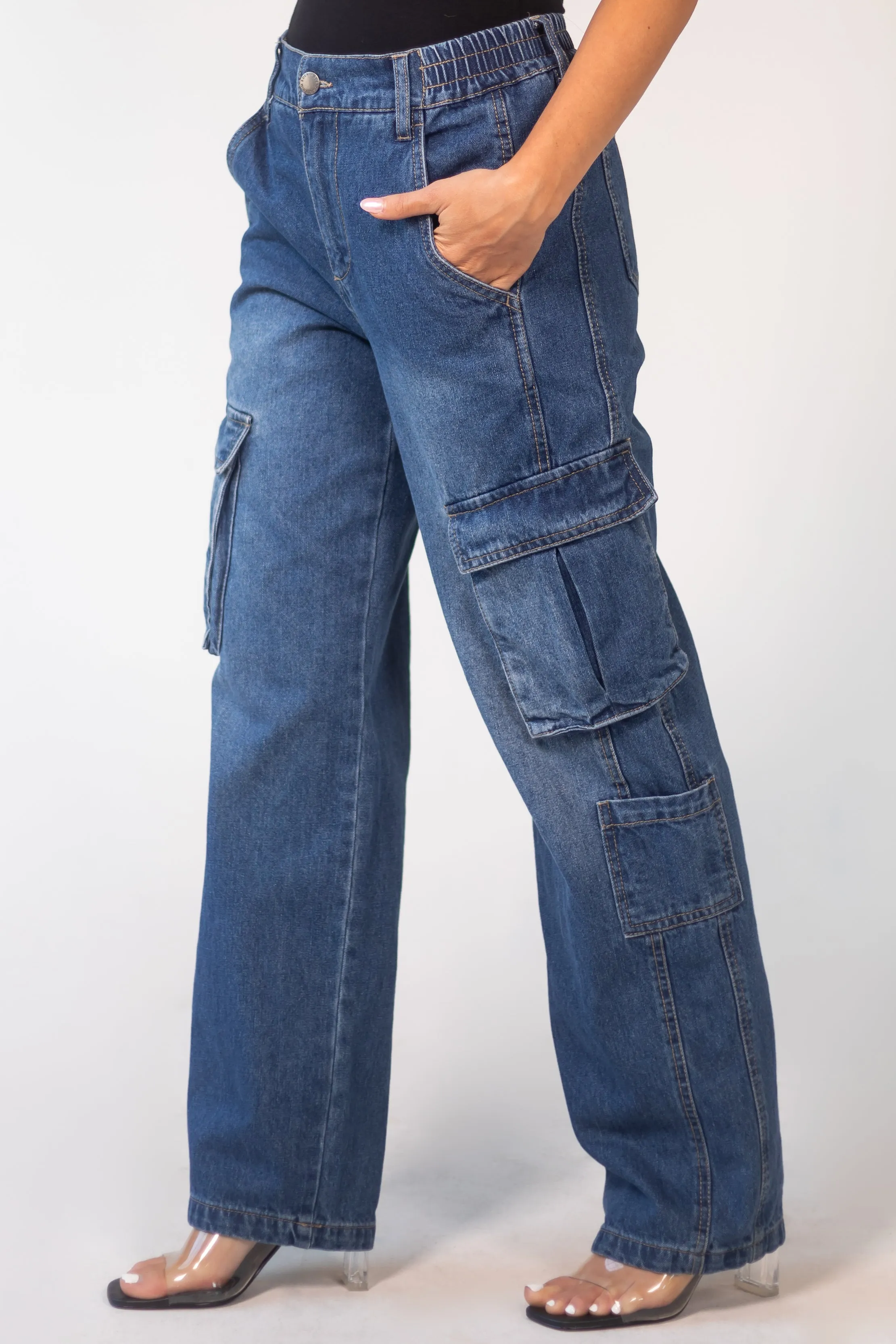 Timing Dark Wash High Rise Elastic Waist Cargo Jeans sold by Lime Lush product image thumbnail 3