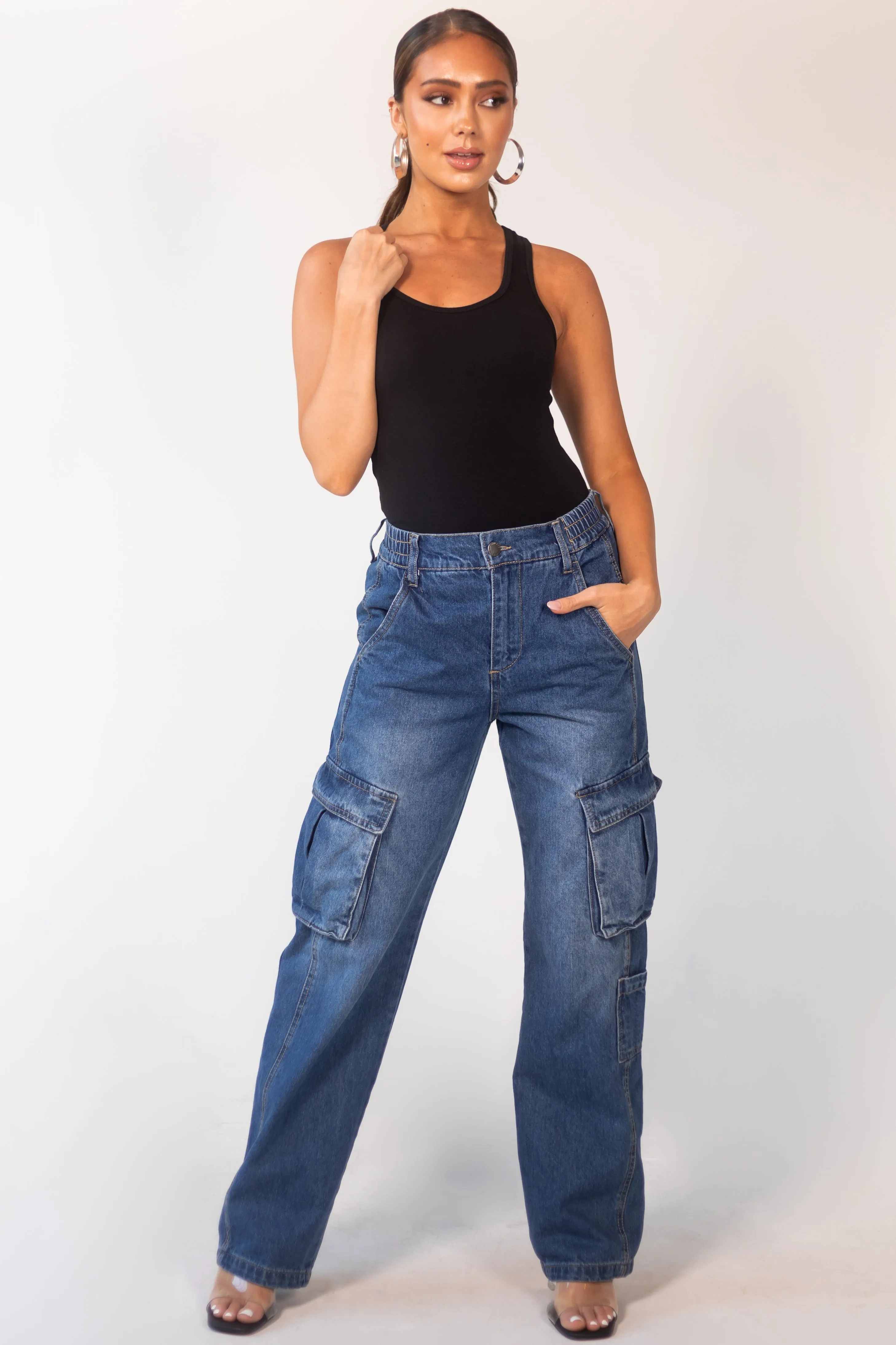Timing Dark Wash High Rise Elastic Waist Cargo Jeans sold by Lime Lush product image thumbnail 5