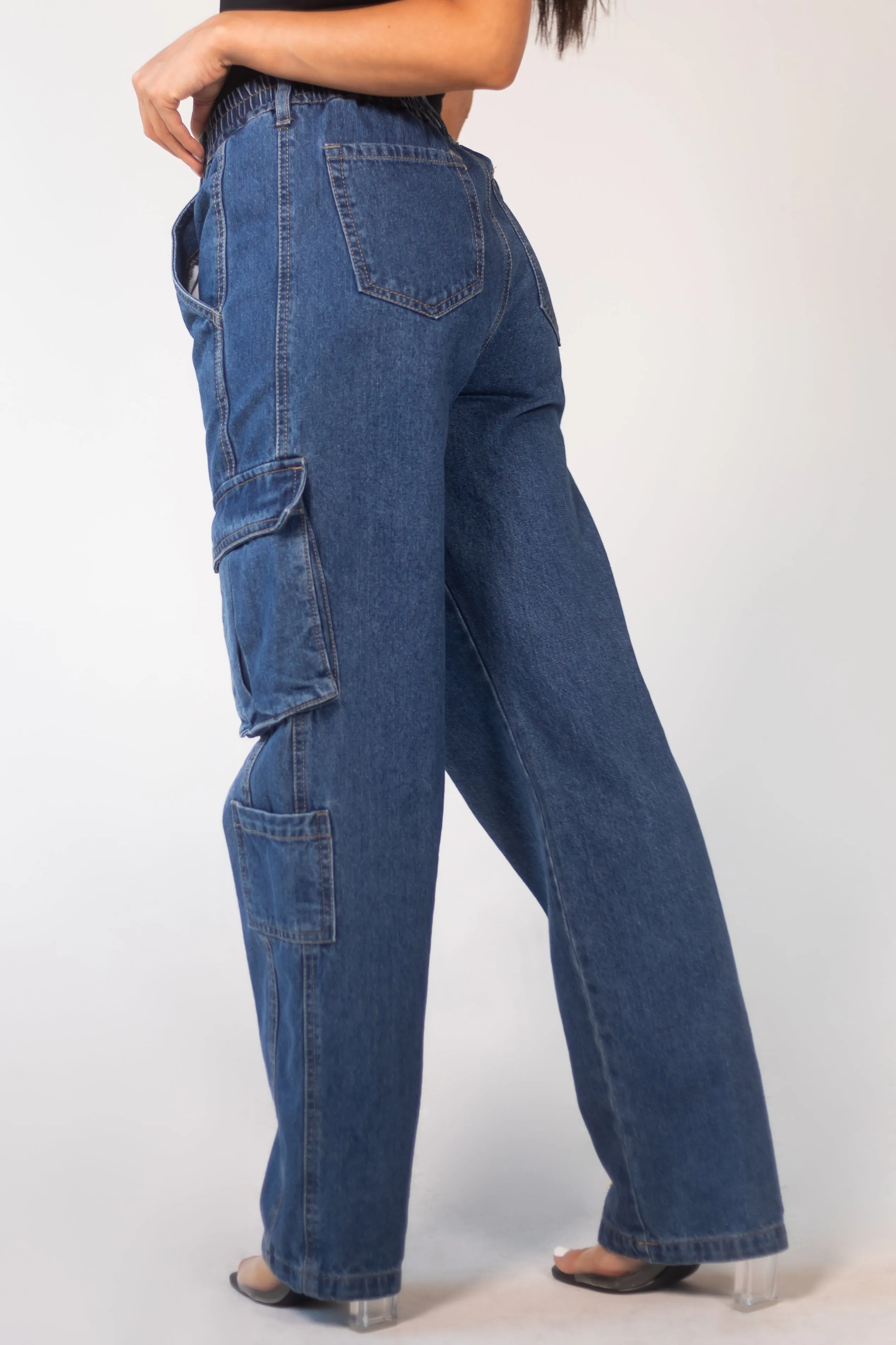 Timing Dark Wash High Rise Elastic Waist Cargo Jeans sold by Lime Lush product image thumbnail 4