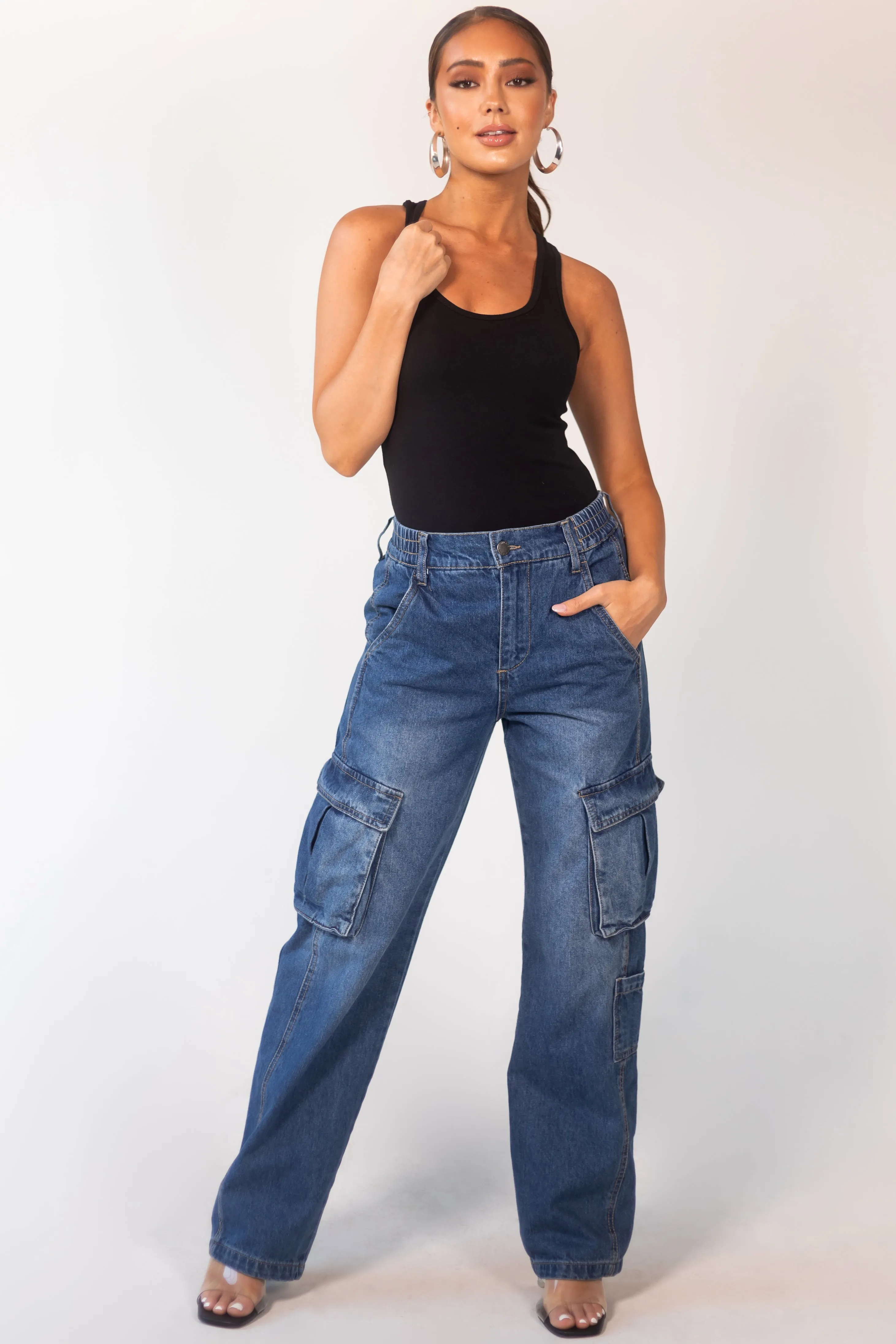 Timing Dark Wash High Rise Elastic Waist Cargo Jeans sold by Lime Lush