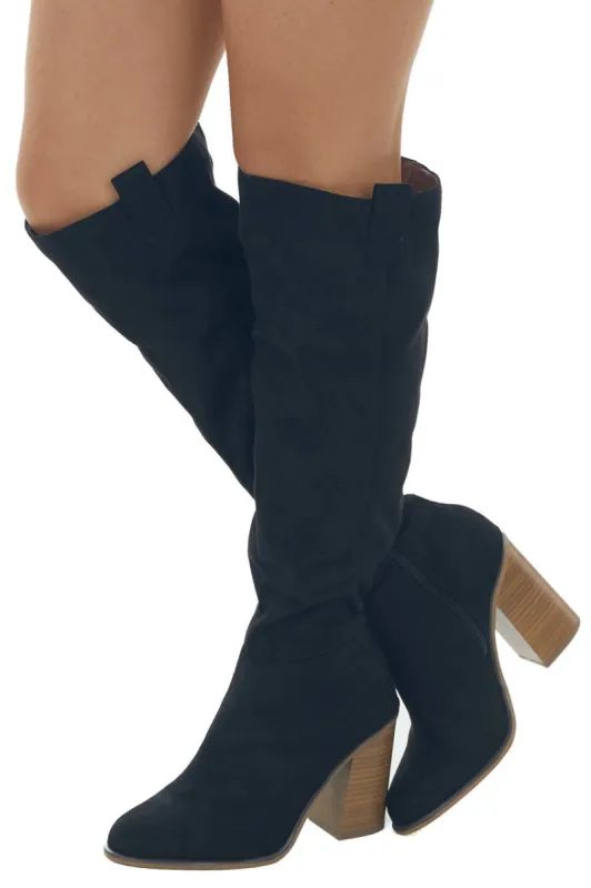 Black Suede Block Heel Knee High Boots sold by Lime Lush