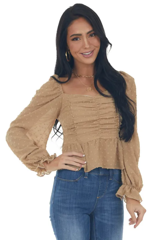 Latte Swiss Dot Front Ruching Woven Blouse sold by Lime Lush