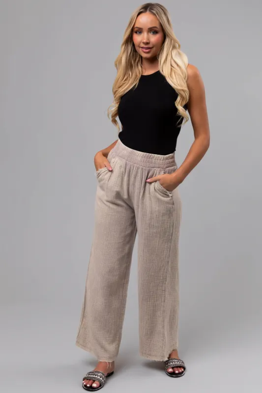 Oatmeal Washed Elastic Waist Wide Leg Pants sold by Lime Lush