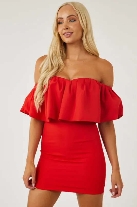 Lipstick Off Shoulder Ruffle Mini Dress sold by Lime Lush