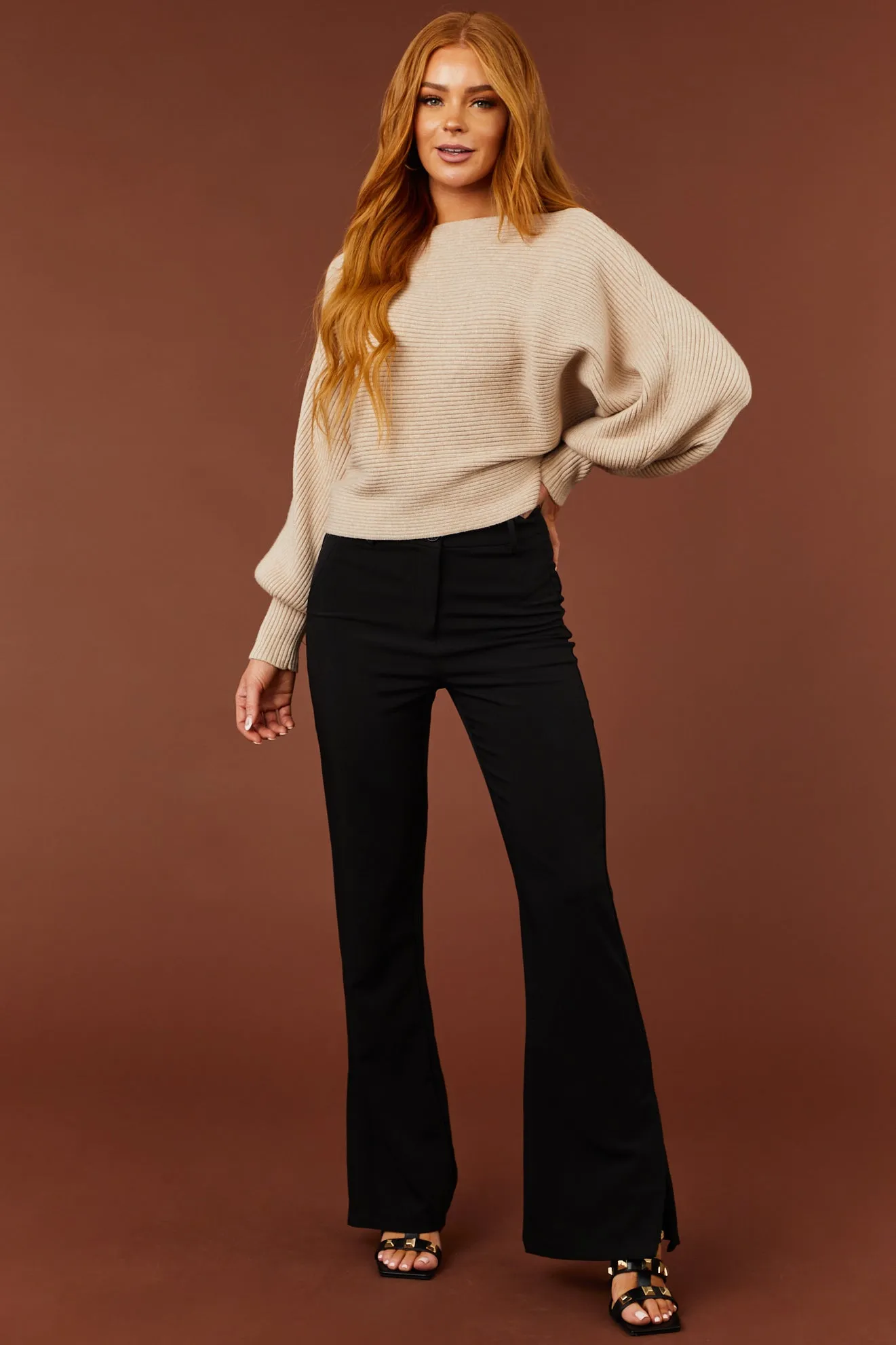 Black Slit Flare Leg Twill Pants sold by Lime Lush