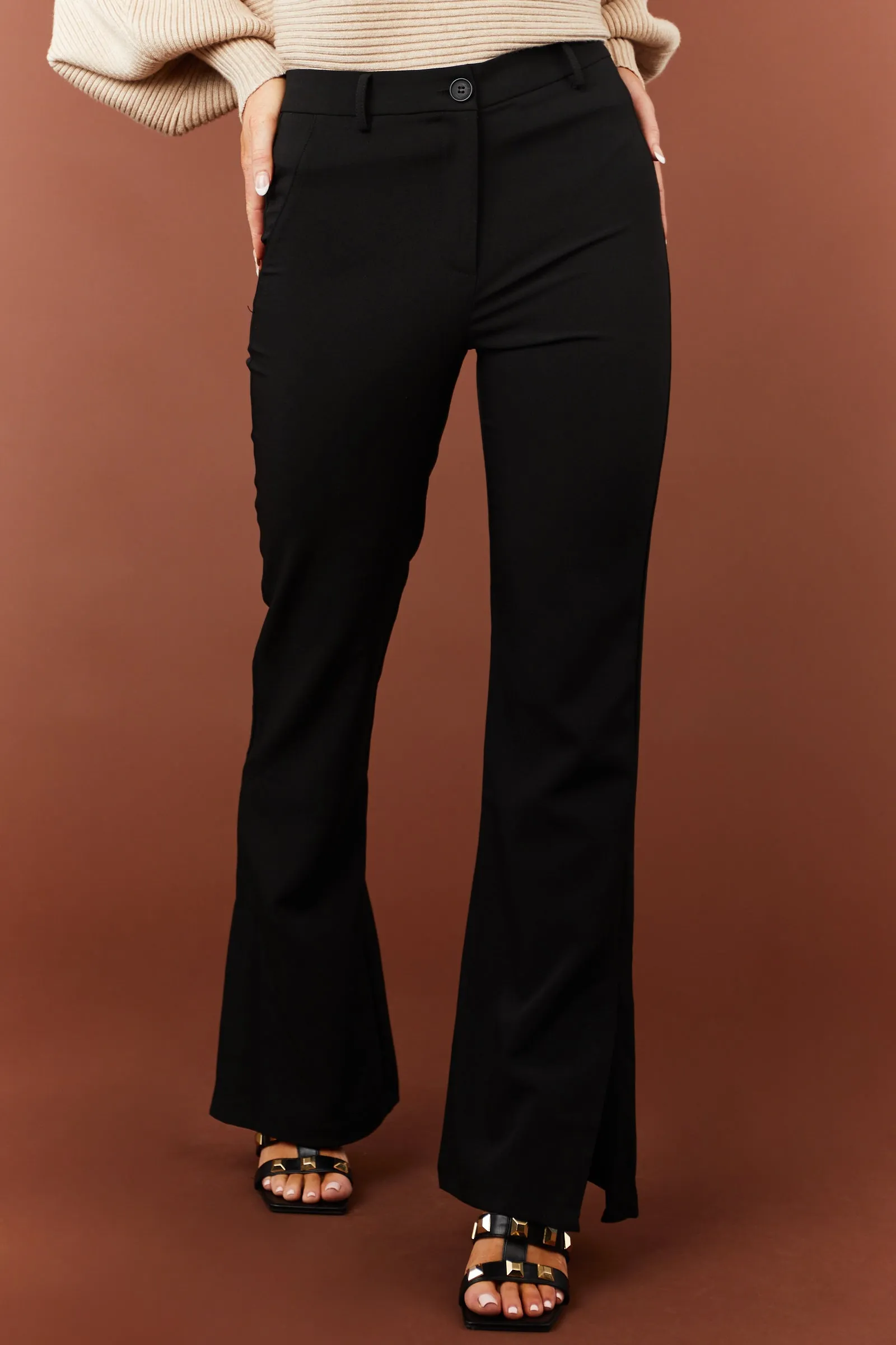 Black Slit Flare Leg Twill Pants sold by Lime Lush product image thumbnail 2