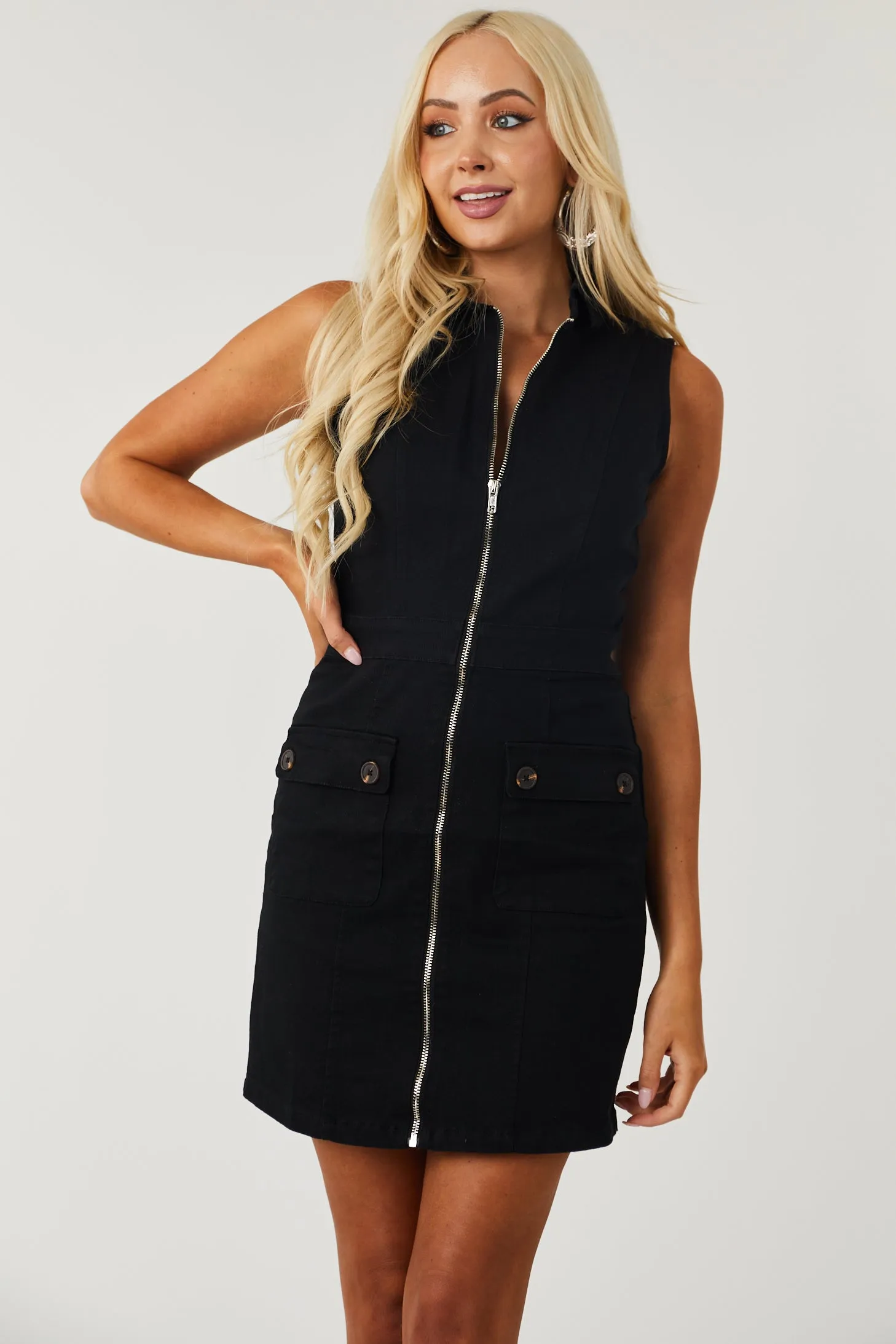 Black Collared Zip Front Sleeveless Denim Dress sold by Lime Lush product image thumbnail 5