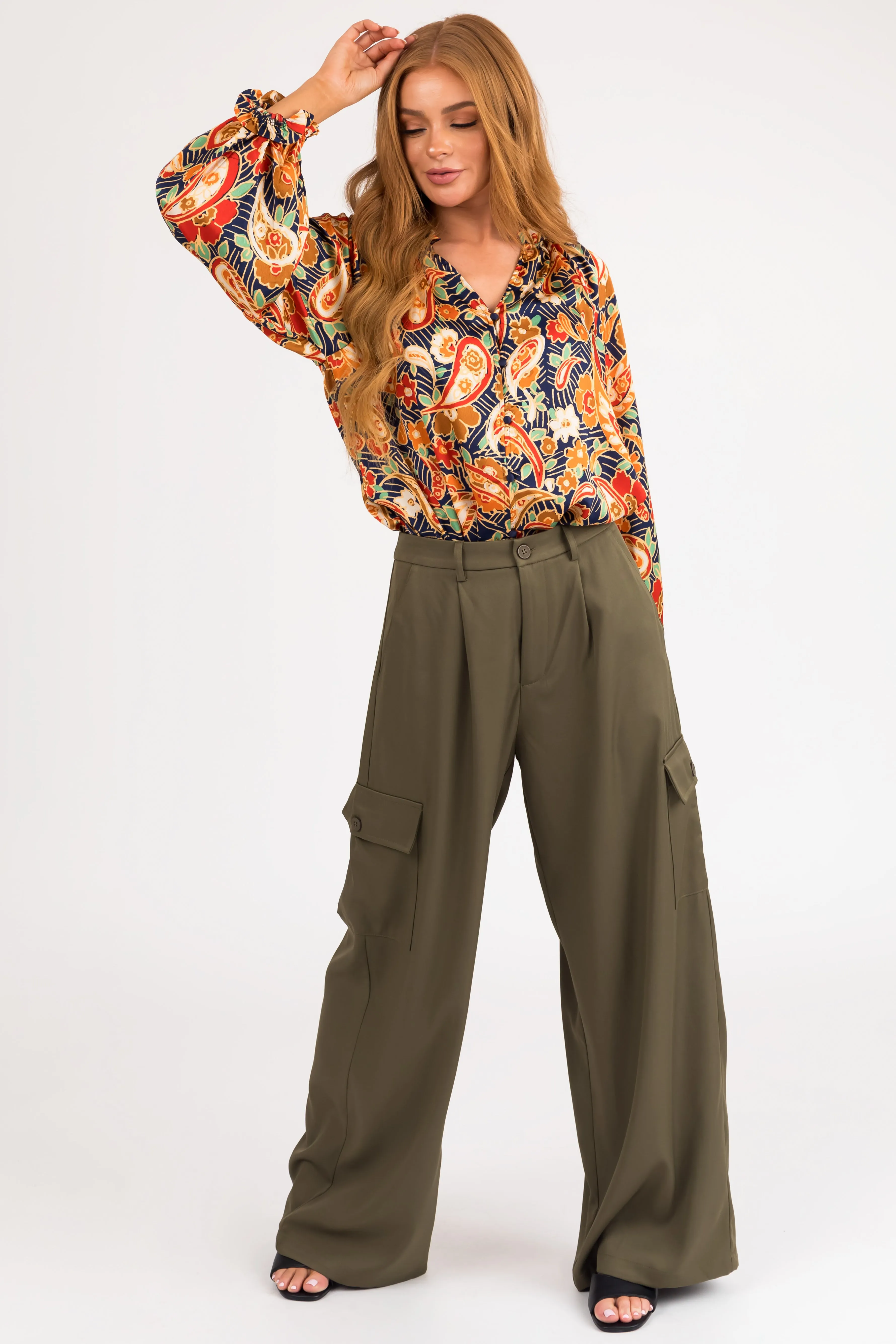 Army Green High Rise Wide Leg Cargo Pants sold by Lime Lush