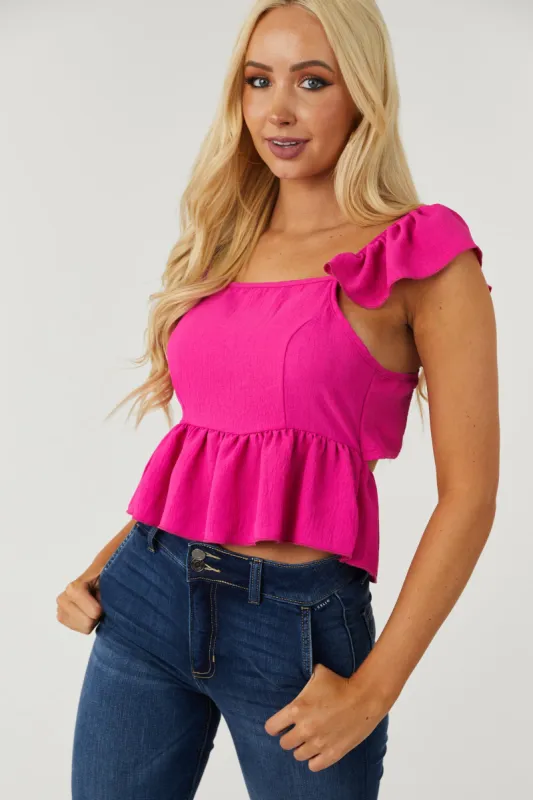 Magenta Flutter Sleeve Tie Back Peplum Blouse sold by Lime Lush