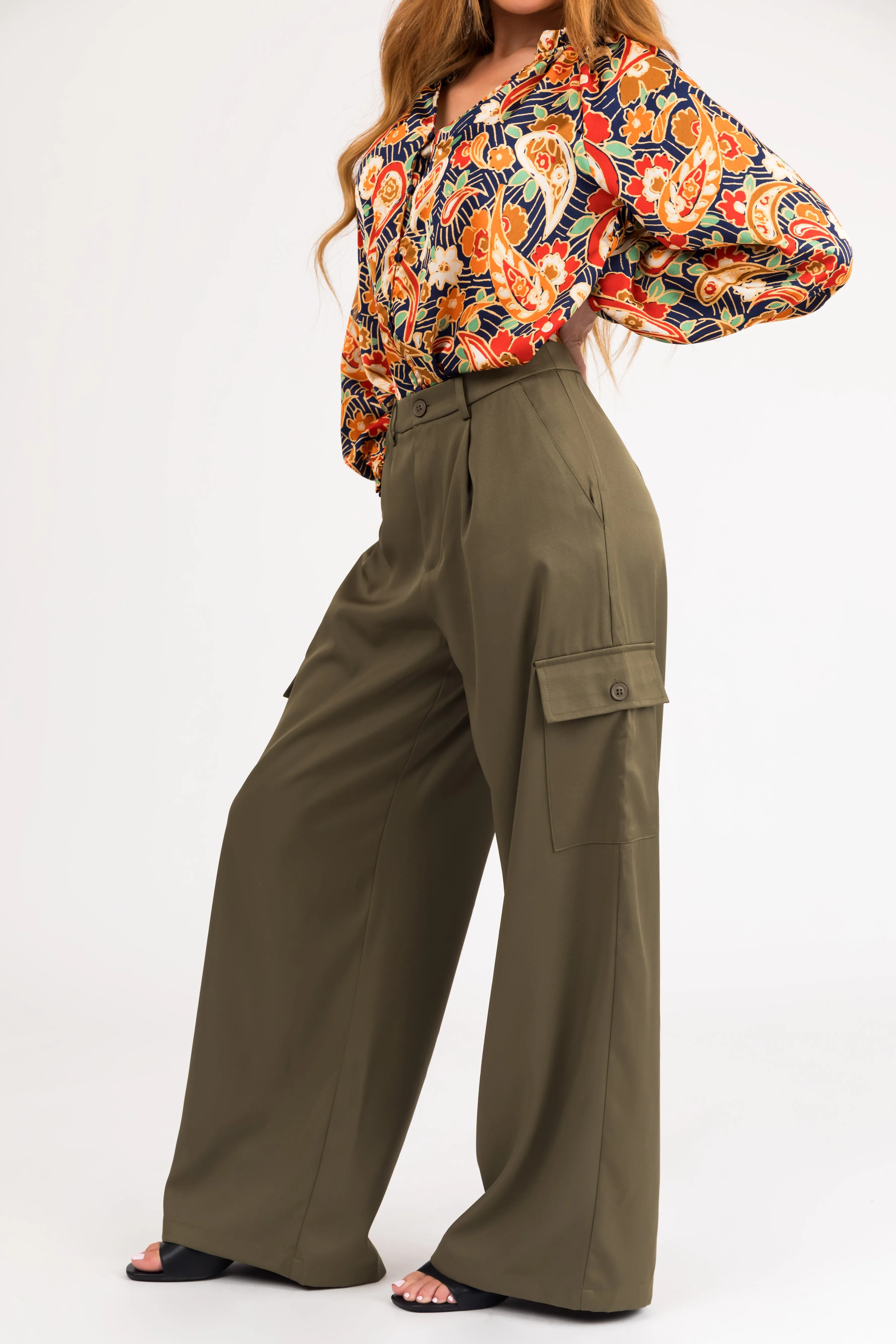 Army Green High Rise Wide Leg Cargo Pants sold by Lime Lush product image thumbnail 3