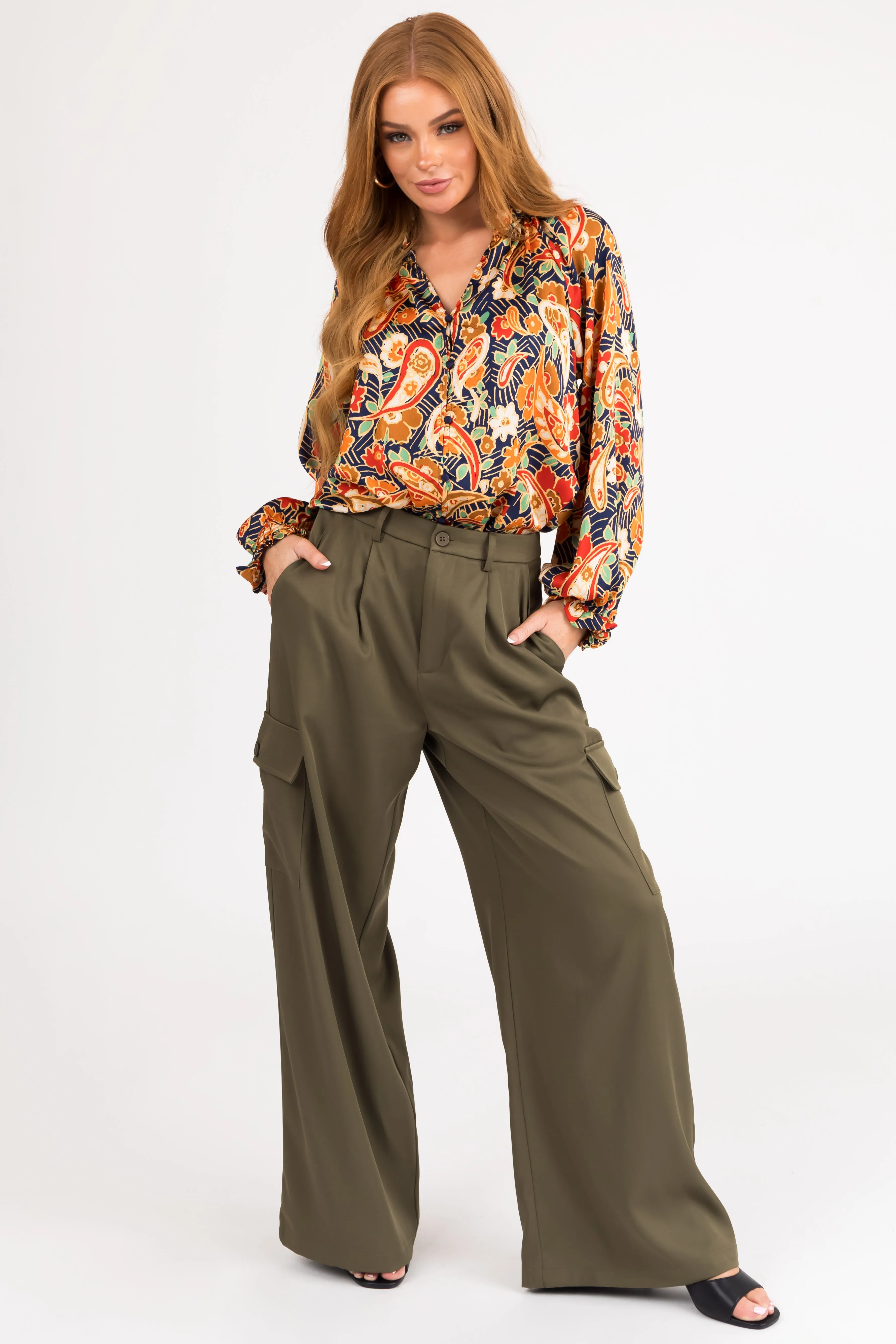 Army Green High Rise Wide Leg Cargo Pants sold by Lime Lush product image thumbnail 5