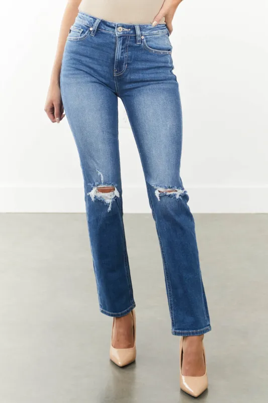 KanCan Medium High Rise Distressed Knee Straight Jeans sold by Lime Lush