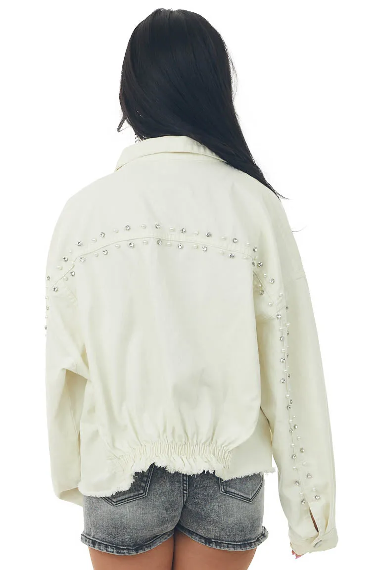 Vanilla Beaded Pearl Frayed Denim Jacket sold by Lime Lush product image thumbnail 5