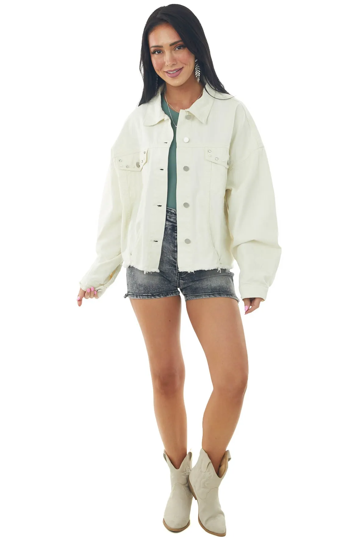 Vanilla Beaded Pearl Frayed Denim Jacket sold by Lime Lush product image thumbnail 3
