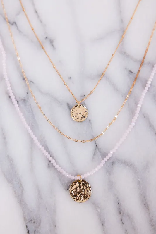 Gold and Pink Beaded Layered Disc Charm Necklace sold by Lime Lush