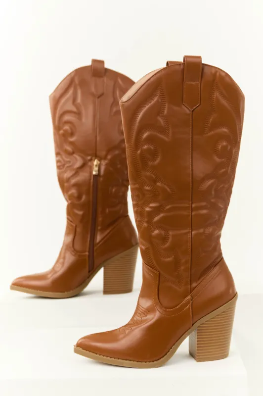Cognac Faux Leather Embroidered Western Boots sold by Lime Lush
