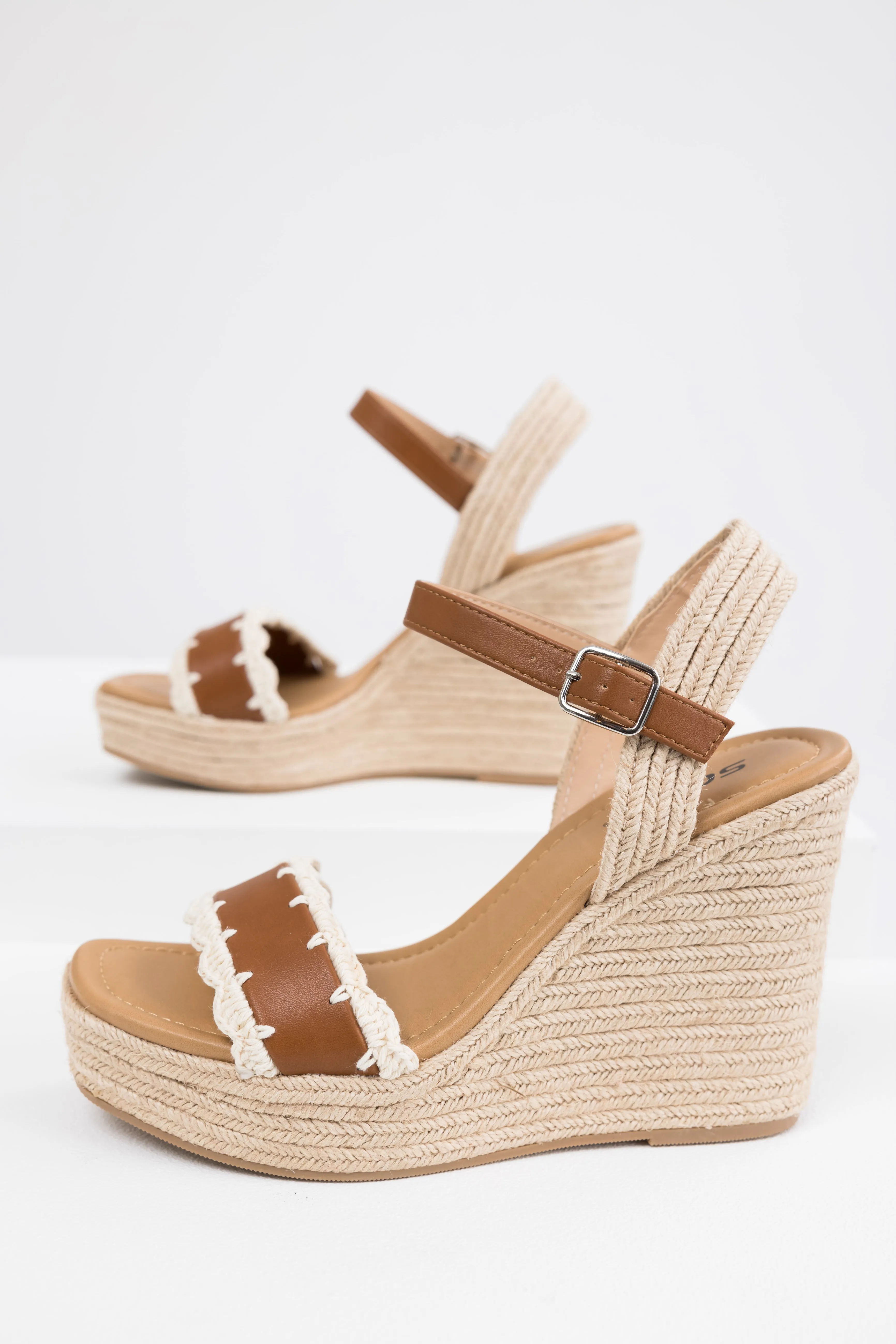 Cognac Crochet Trim Strap Espadrille Wedges sold by Lime Lush product image thumbnail 3