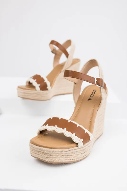 Cognac Crochet Trim Strap Espadrille Wedges sold by Lime Lush