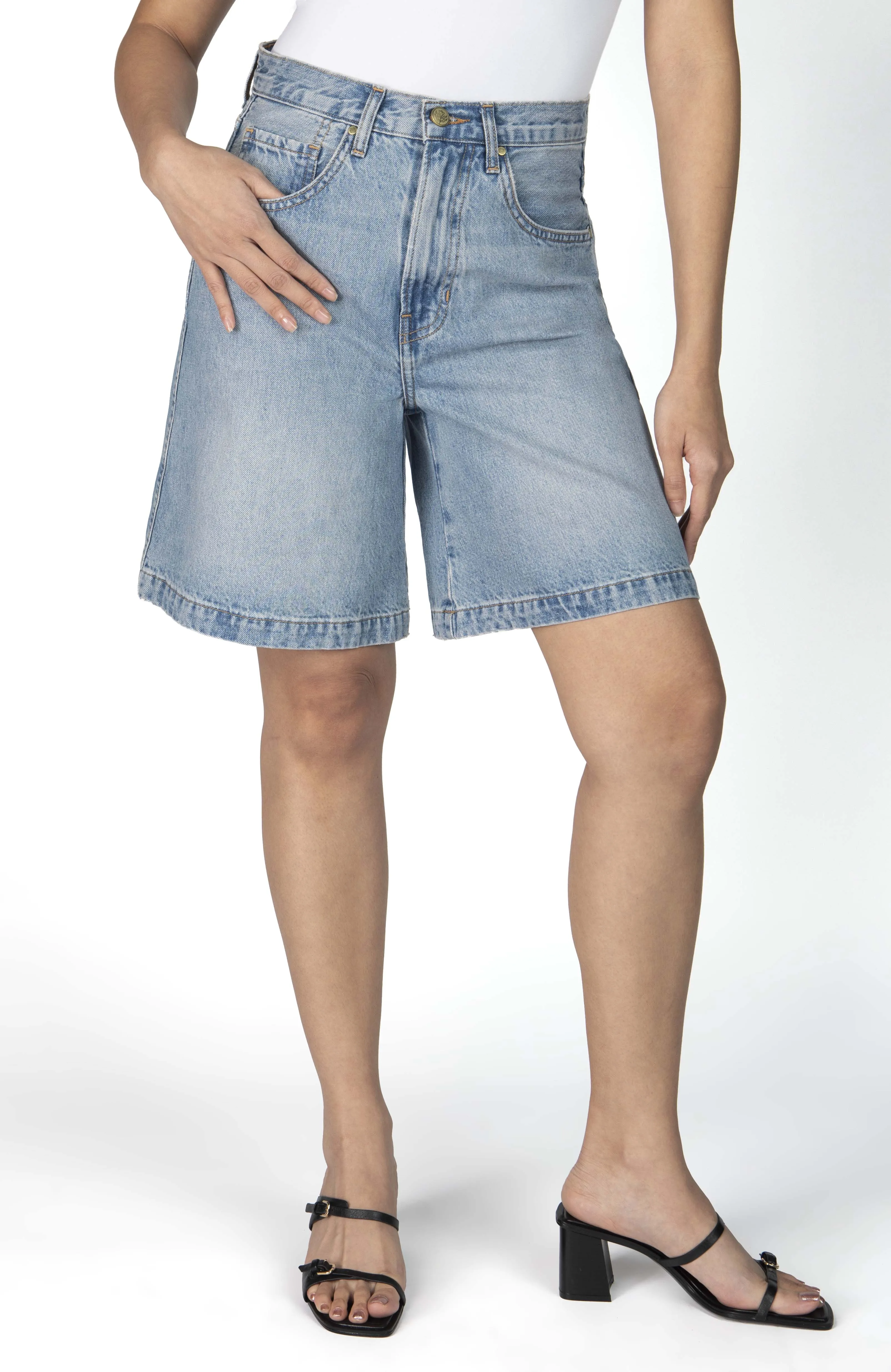Petite Denim Bermuda Shorts - The Sara in Sky sold by Nelle Atelier