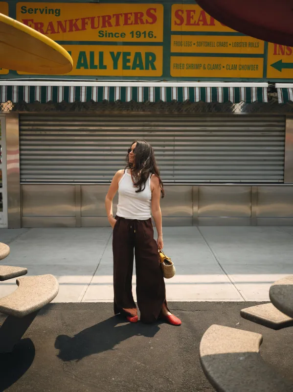 The Tommy Linen Slit Pant - Chocolate sold by Nelle Atelier