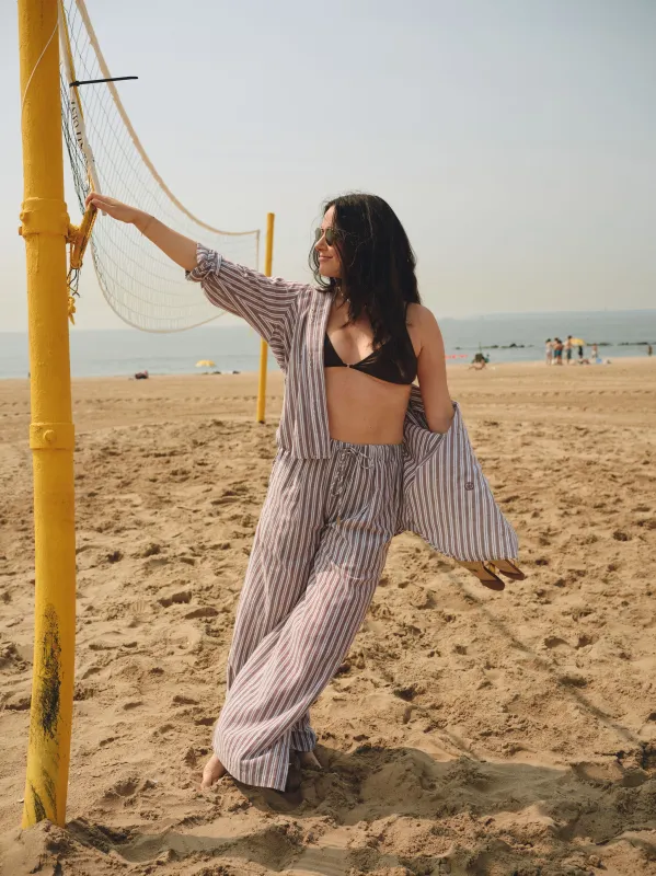 The Tommy Linen Slit Pant - Chocolate Stripe sold by Nelle Atelier