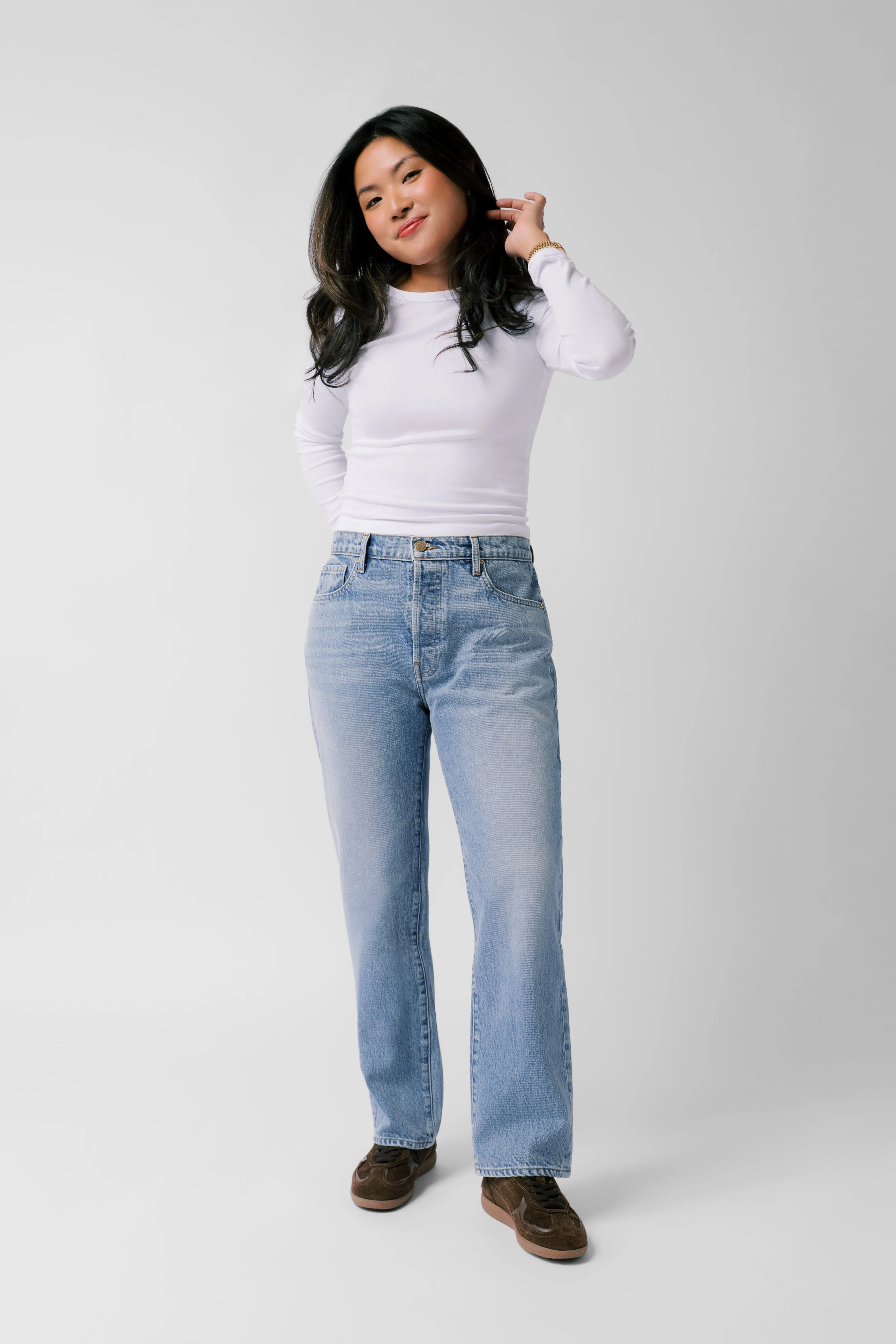 Petite Mid-Rise Boyfriend Jean - The Claire Vintage in Sky sold by Nelle Atelier