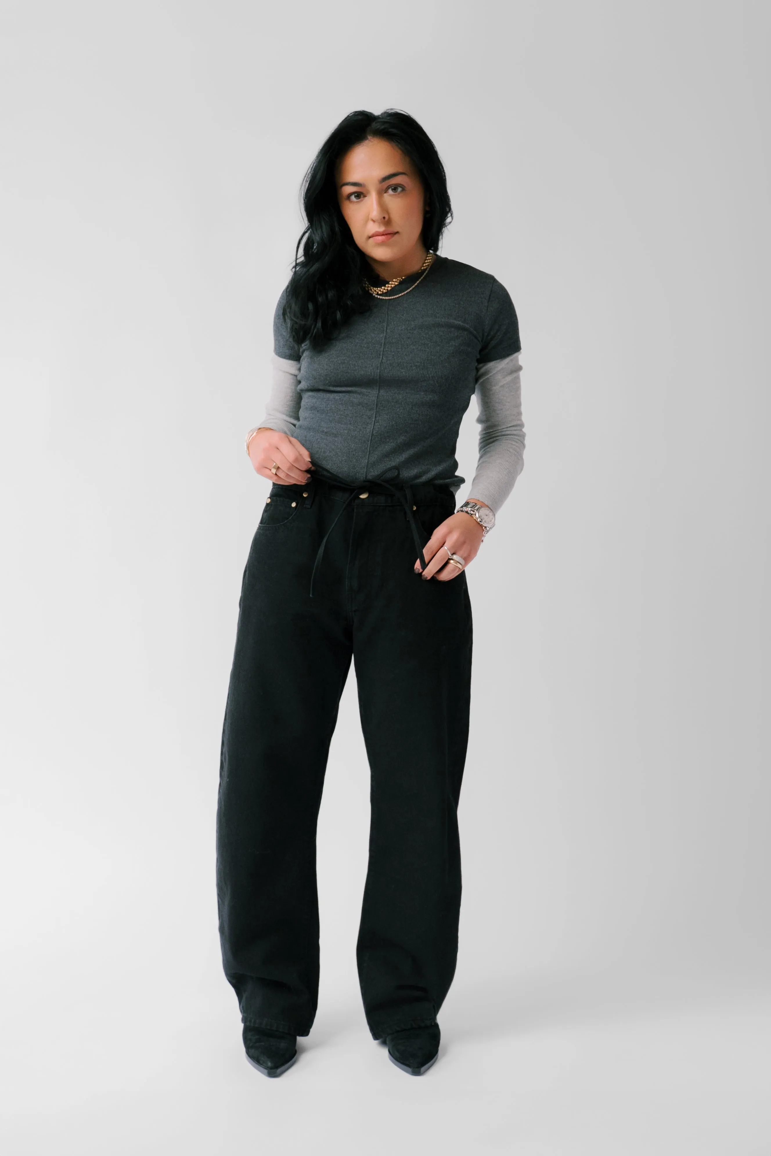 Petite Low Slung Baggy Jean - The Georgie in Onyx sold by Nelle Atelier