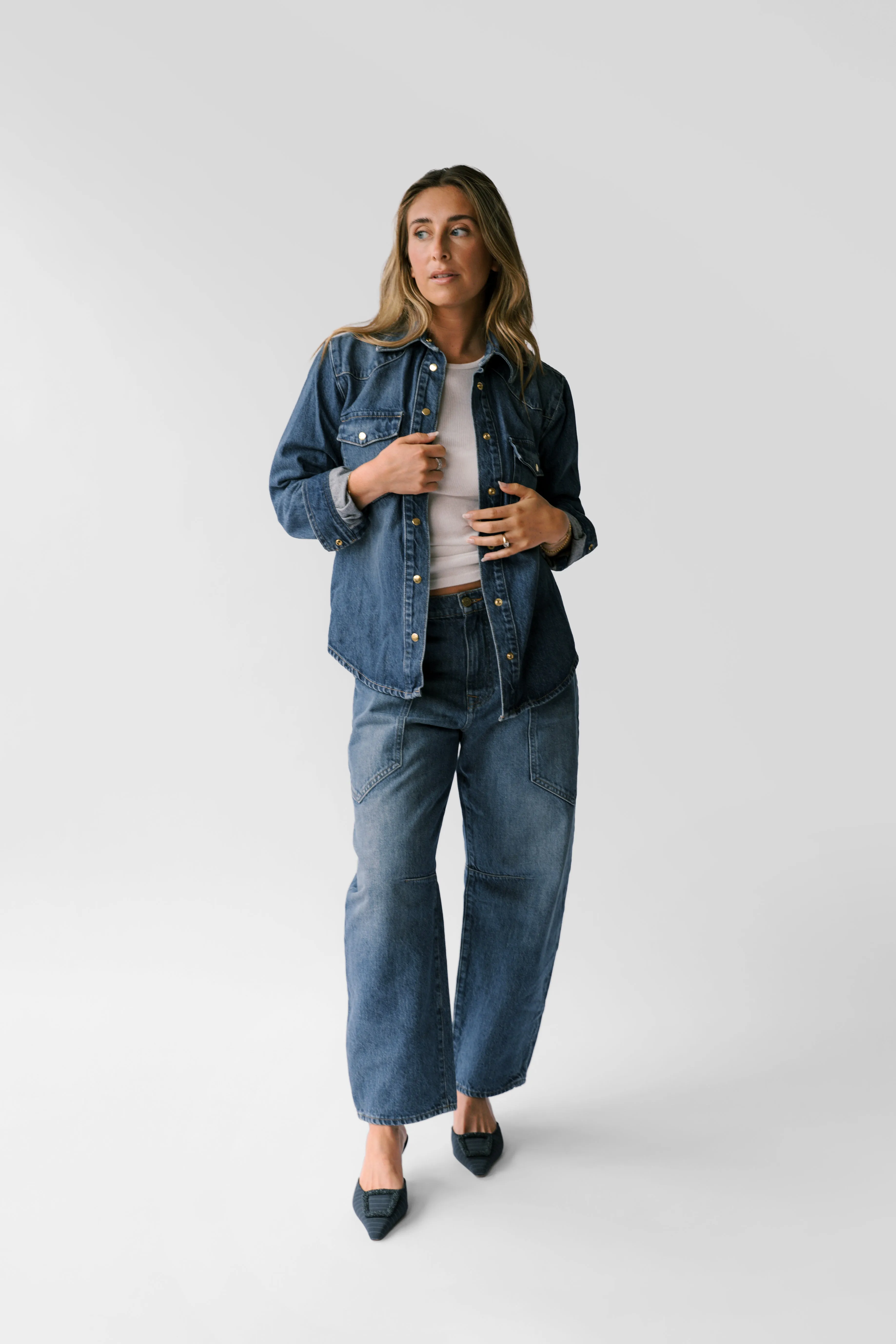 Petite Mid-Rise Barrel Jean - The Ali in Sapphire sold by Nelle Atelier