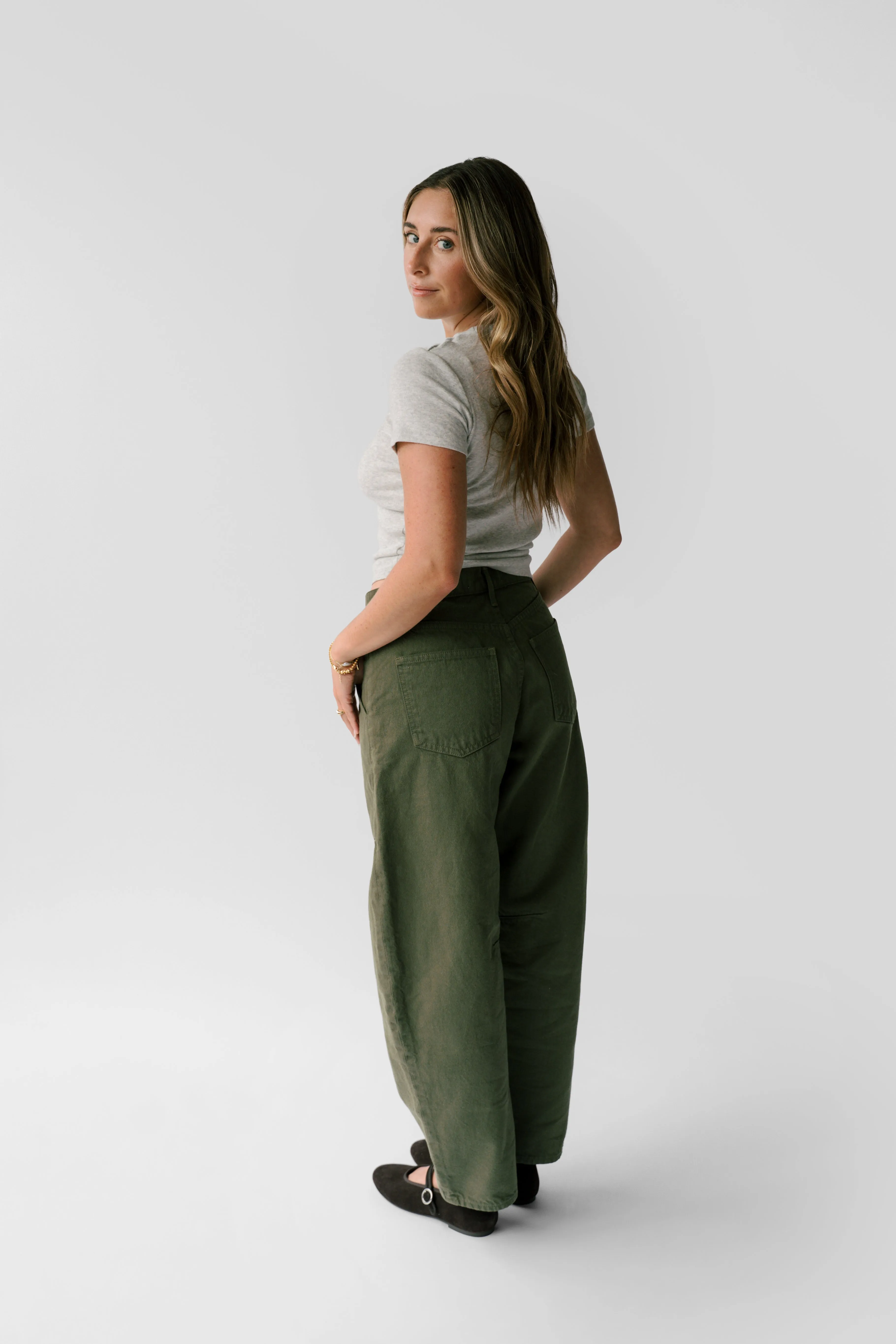 Petite Mid-Rise Barrel Jean - The Ali in Olive sold by Nelle Atelier product image thumbnail 2