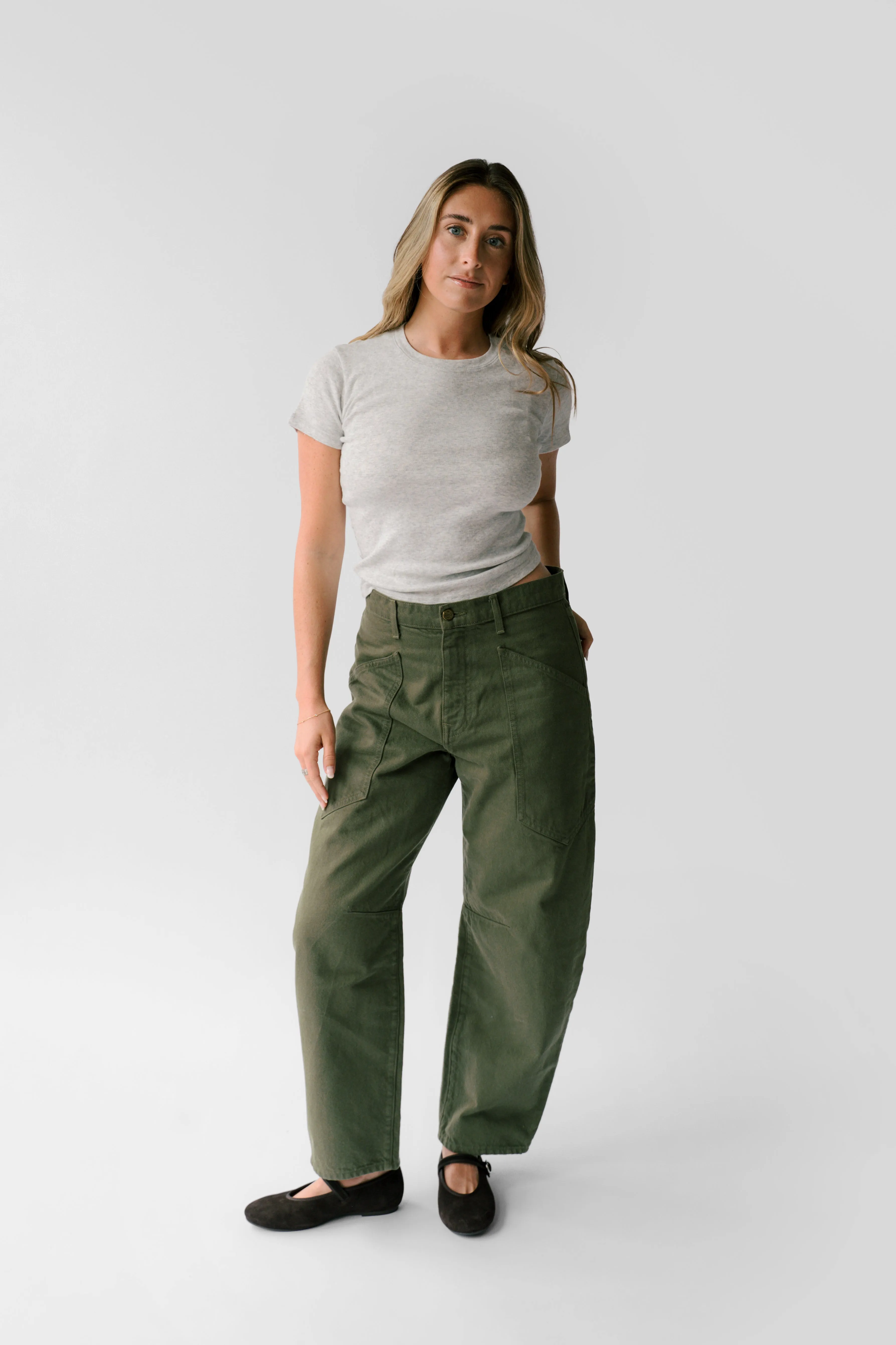 Petite Mid-Rise Barrel Jean - The Ali in Olive sold by Nelle Atelier