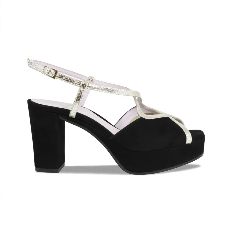 Rachel: Black Suede & Gold Snake Print Leather sold by Sole Bliss