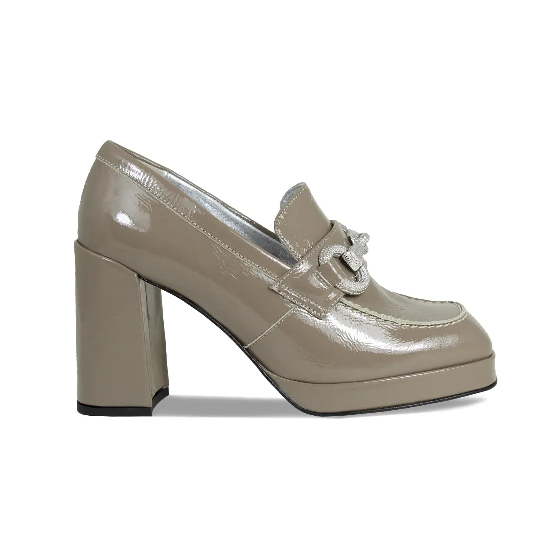 Genevieve: Taupe Patent Leather sold by Sole Bliss