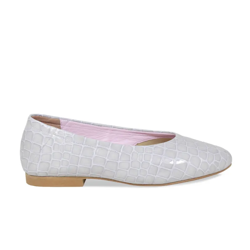 Luna: Pale Grey Croc Patent Leather sold by Sole Bliss