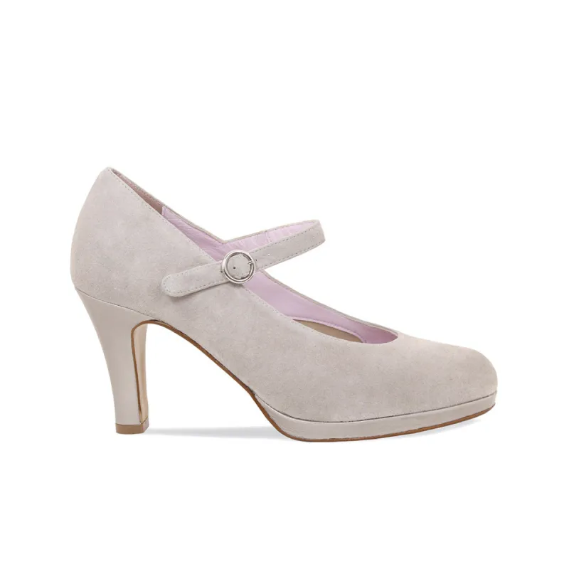 Madison: Pale Taupe Suede & Patent sold by Sole Bliss