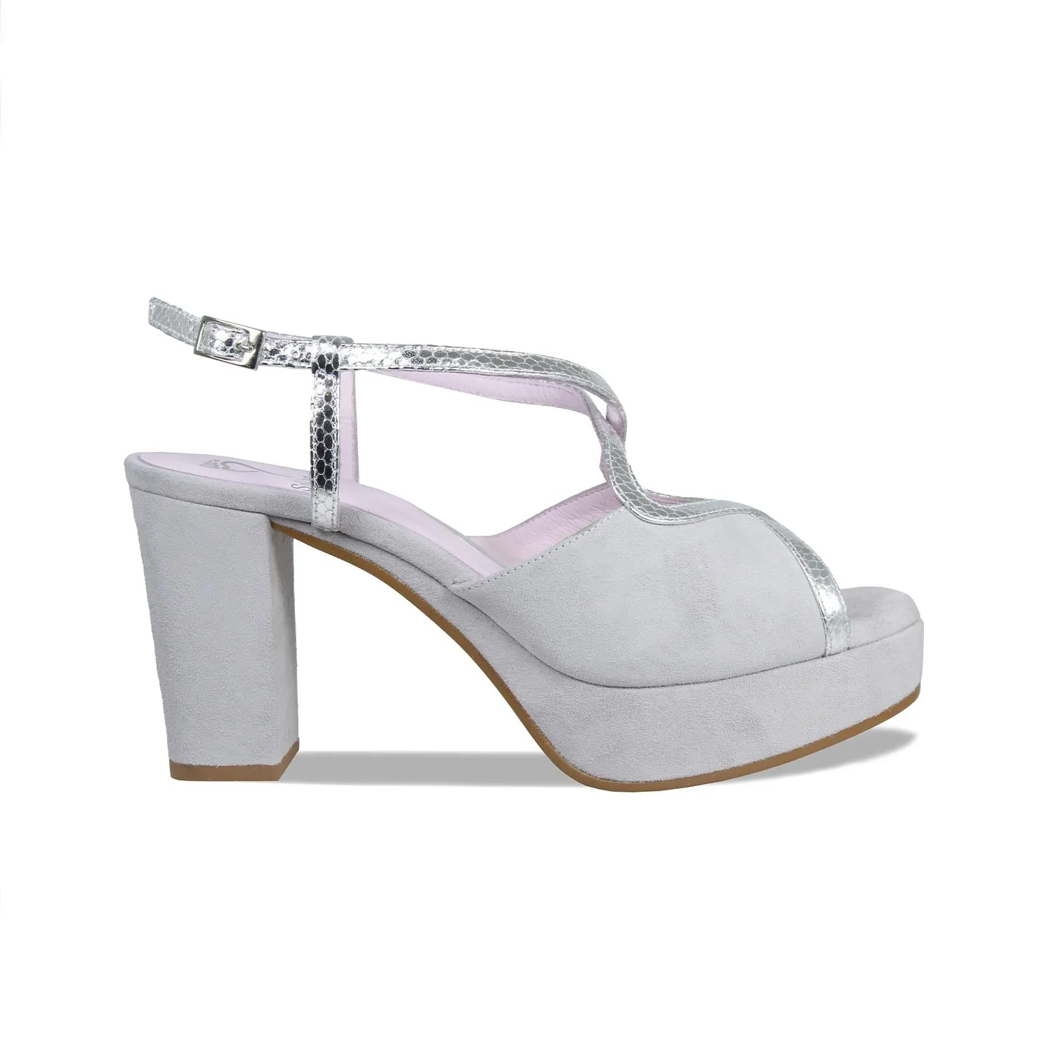 Rachel: Pale Grey Suede & Silver Snake sold by Sole Bliss