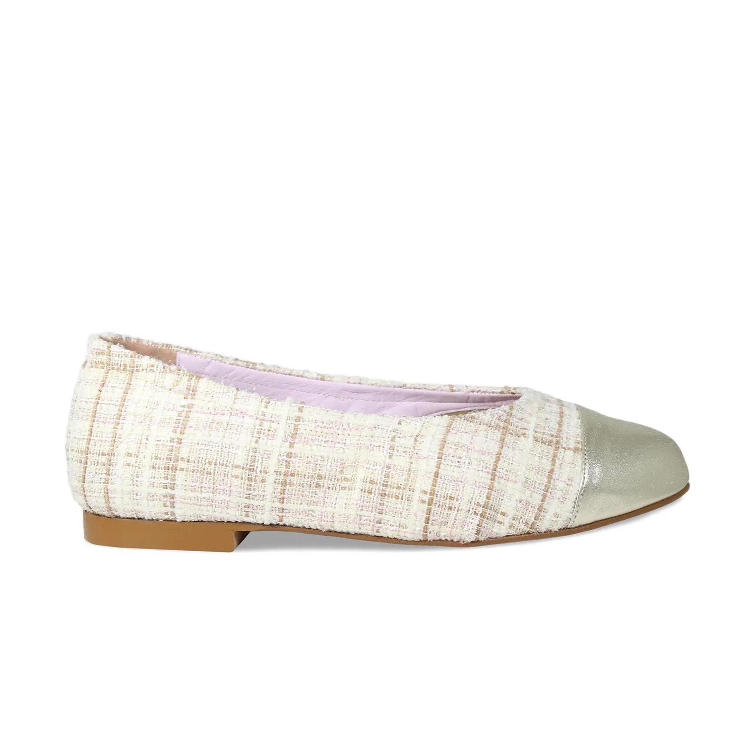 Luna: Cream Tweed & Gold Leather sold by Sole Bliss