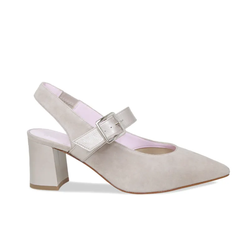 Corinne: Pale Taupe Suede & Patent sold by Sole Bliss