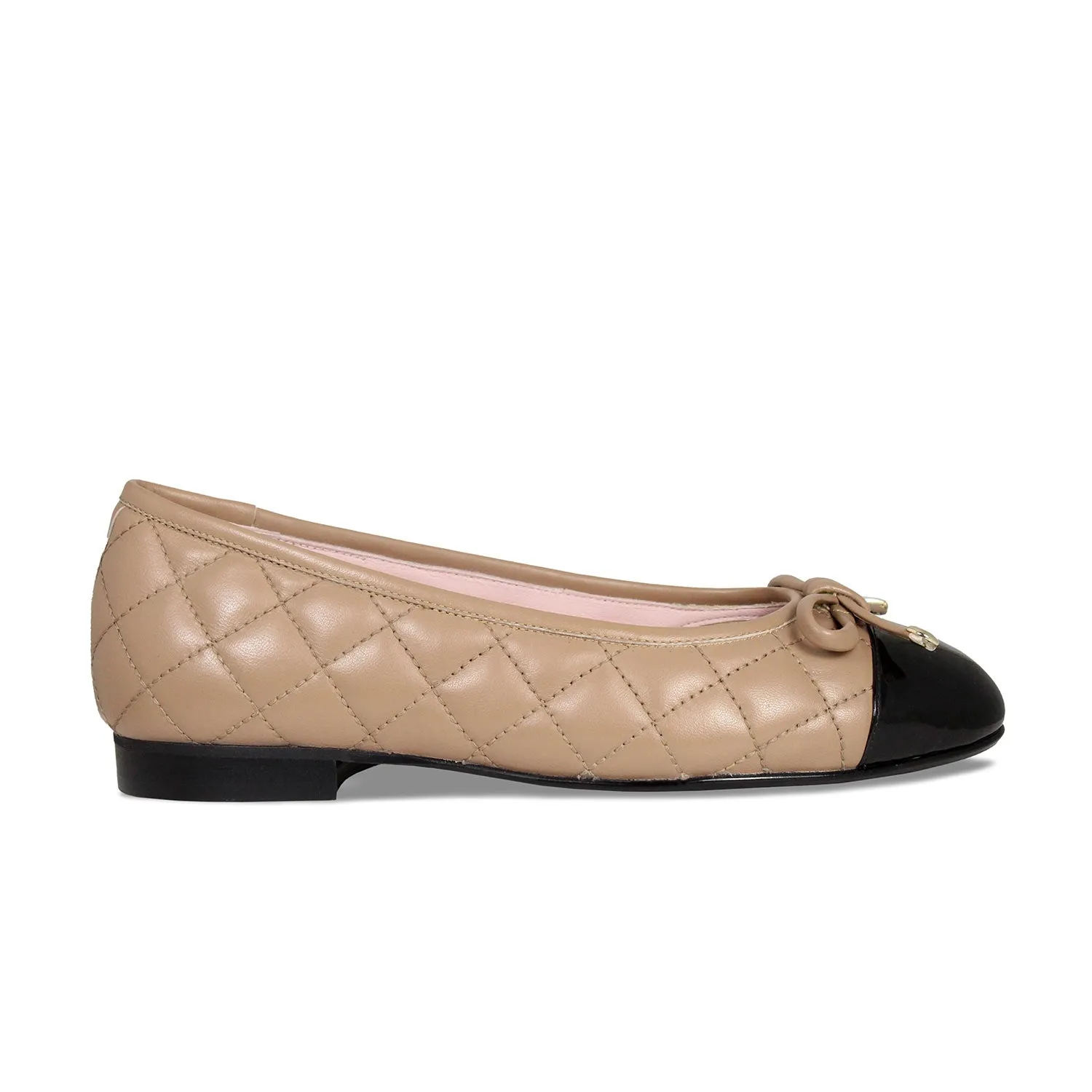 Royal: Camel Quilted Leather & Black Patent sold by Sole Bliss