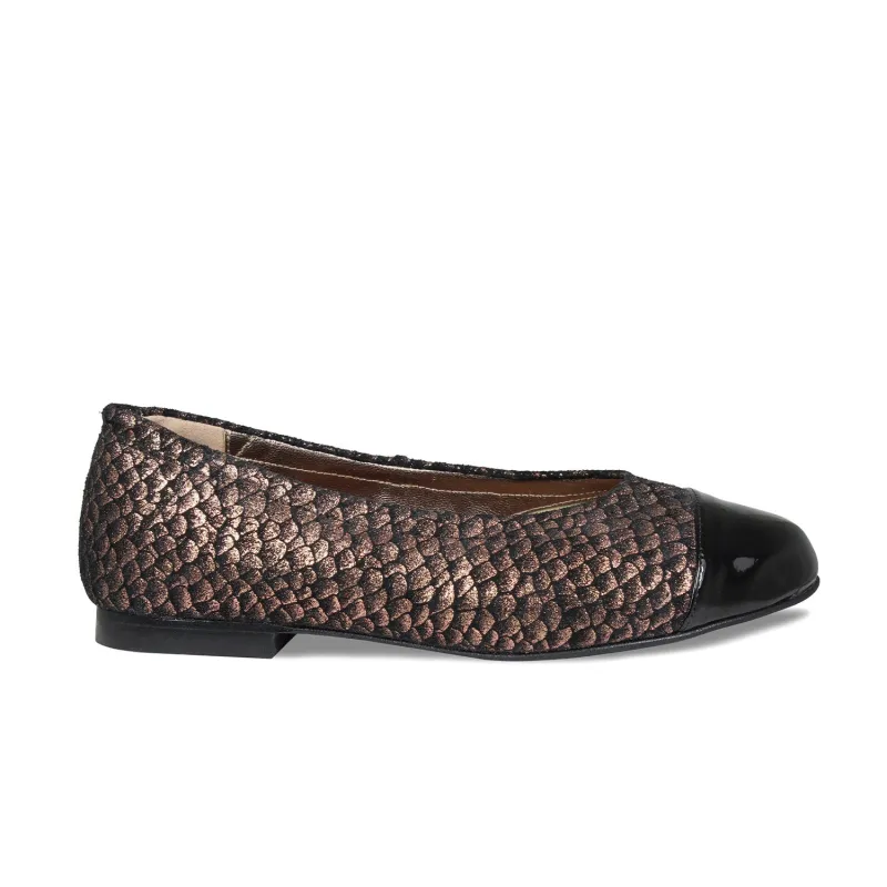 Luna: Metallic Suede & Black Patent sold by Sole Bliss