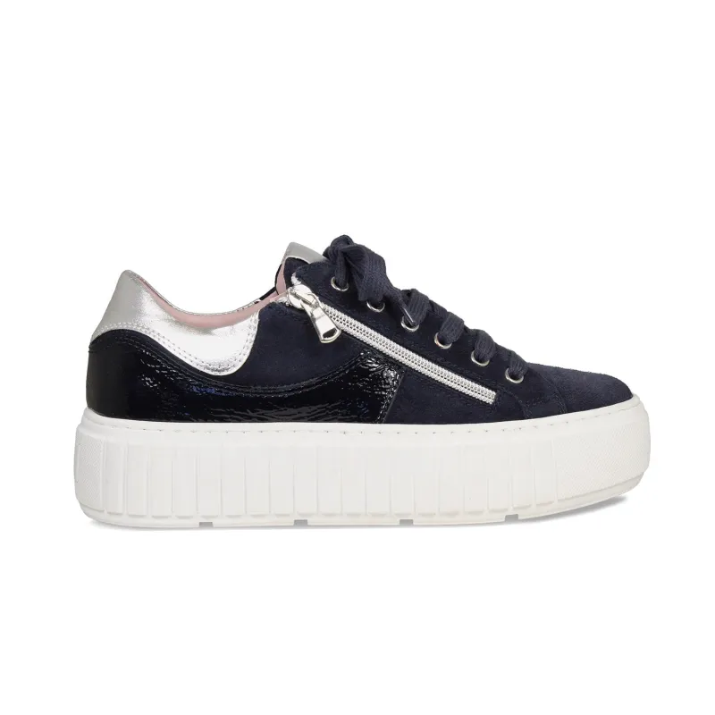 Tempo: Navy Suede, Patent & Silver sold by Sole Bliss