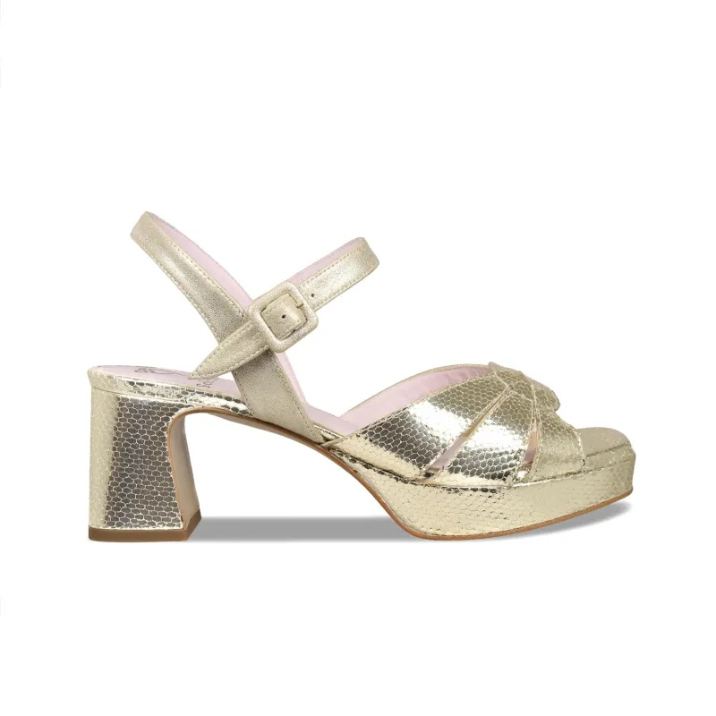 Roberta: Pale Gold Suede & Snake Print Leather made by Sole Bliss
