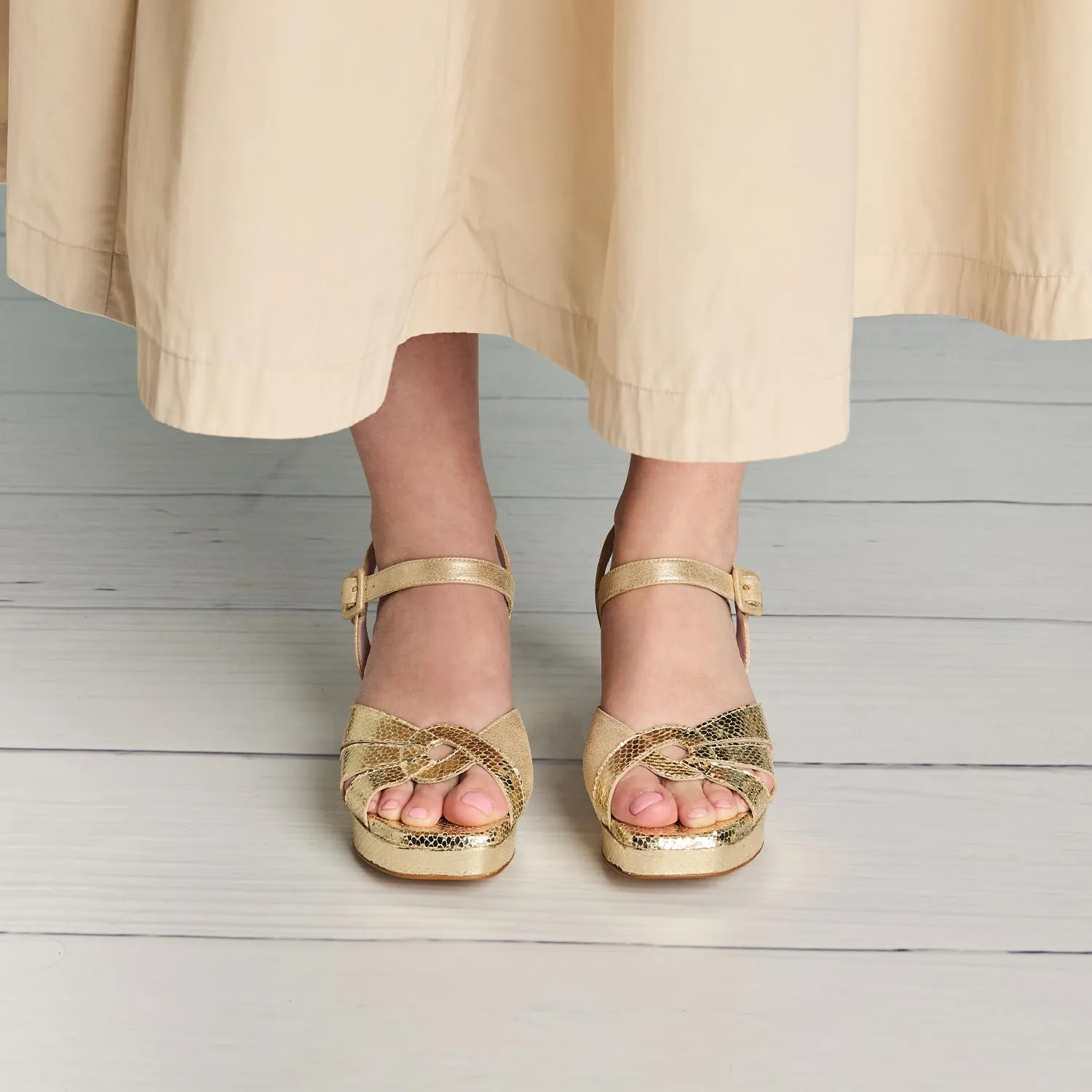 Roberta: Pale Gold Suede & Snake Print Leather sold by Sole Bliss product image thumbnail 3