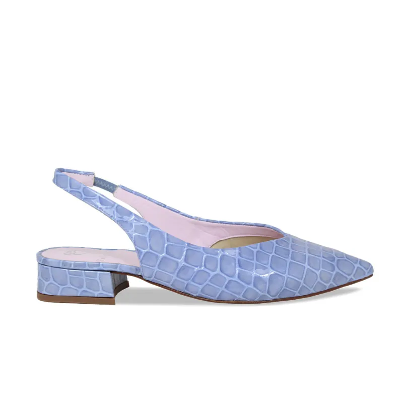 Sienna: Pale Blue Croc Patent Leather sold by Sole Bliss